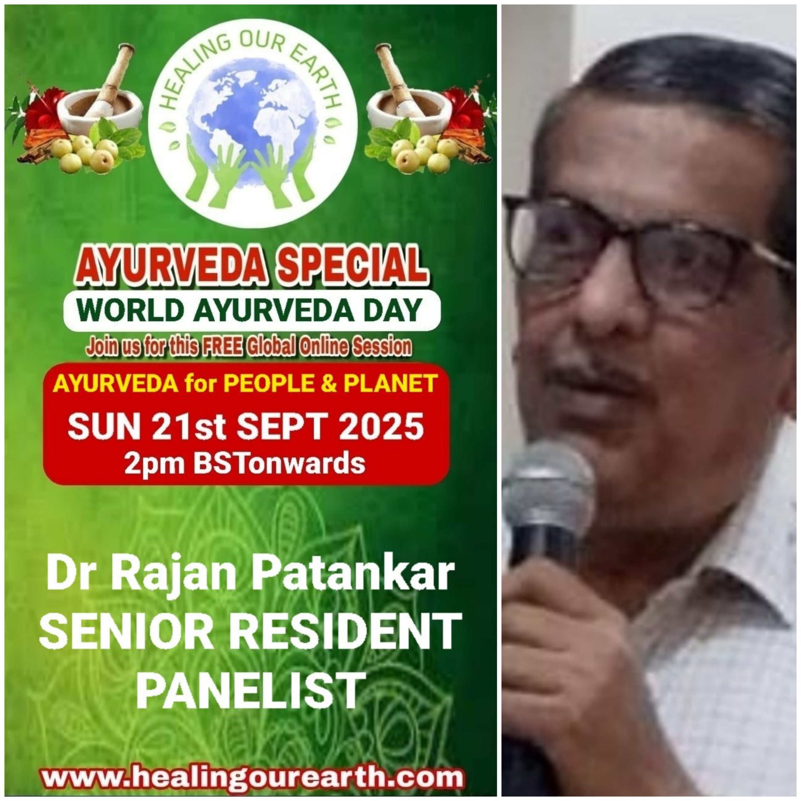 A promotional poster for Global Ayurveda Day on October 13, 2024, at 2pm BST. It features an image of a bearded man with glasses, details about the online event, and logos of various organizations. The bottom text highlights Tomás Pfeiffer and the Institute for Traditional, Complementary, and Integrative Medicine. Website: healingourearth.com.