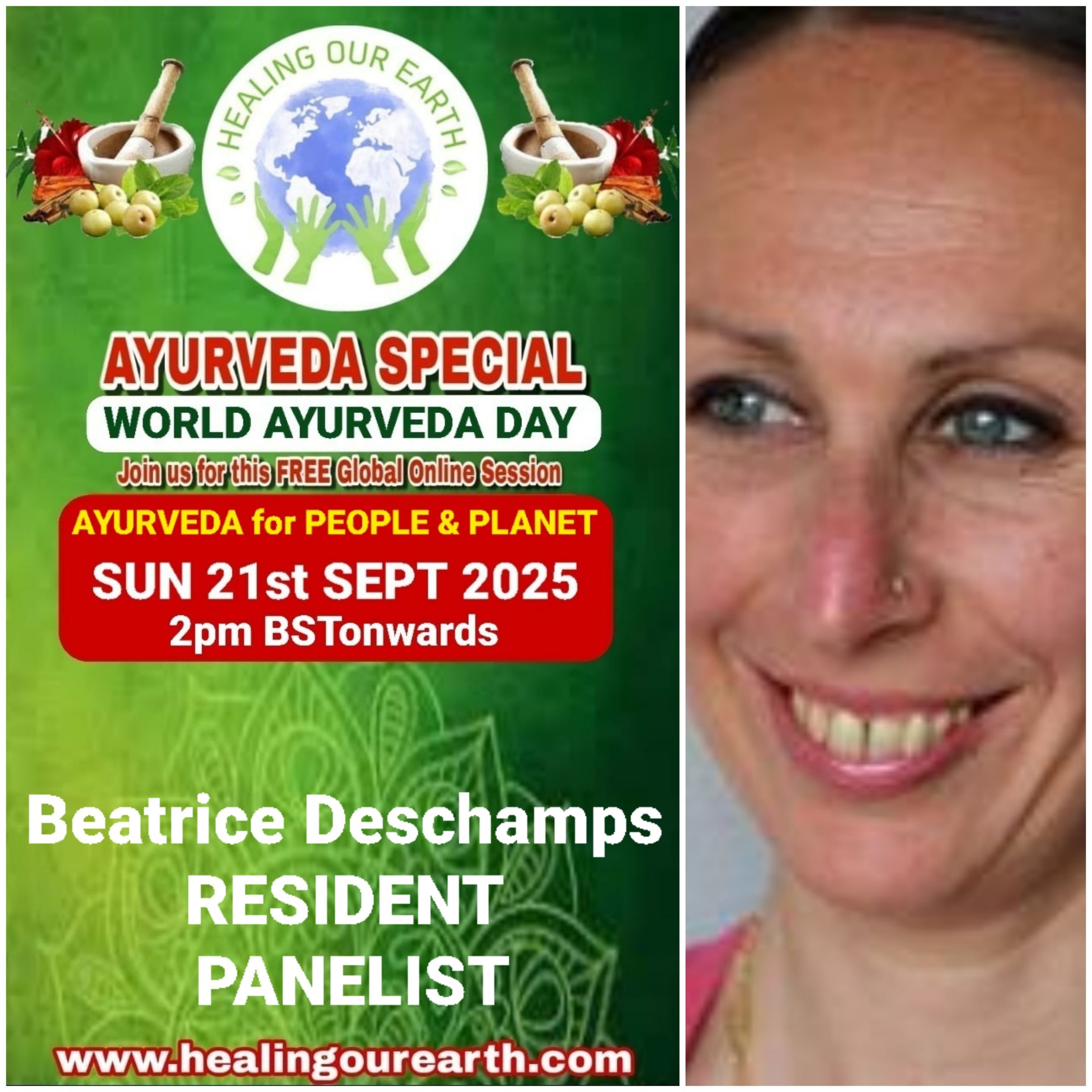 A promotional poster for Global Ayurveda Day on October 13, 2024, at 2pm BST. It features an image of a bearded man with glasses, details about the online event, and logos of various organizations. The bottom text highlights Tomás Pfeiffer and the Institute for Traditional, Complementary, and Integrative Medicine. Website: healingourearth.com.