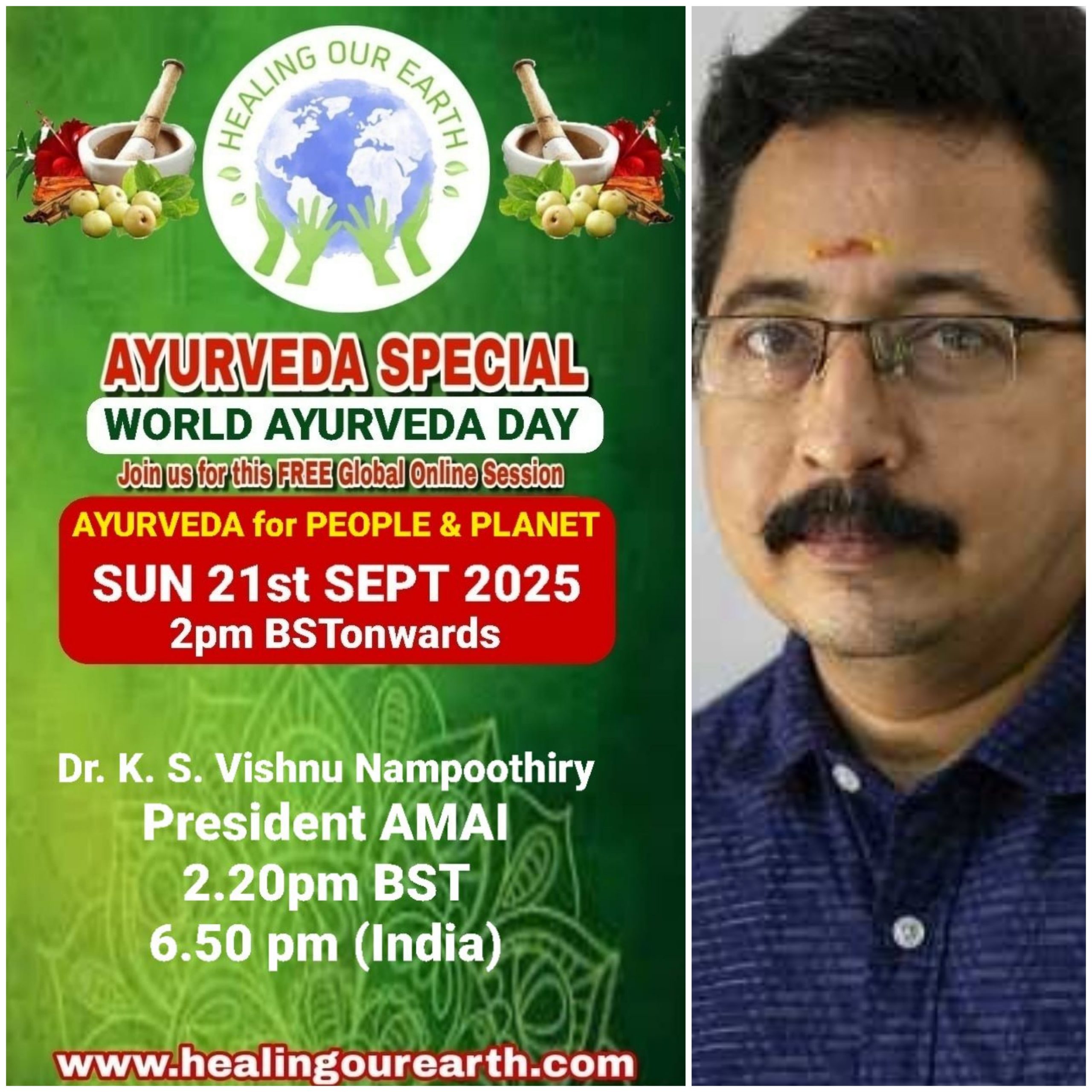 A promotional poster for Global Ayurveda Day on October 13, 2024, at 2pm BST. It features an image of a bearded man with glasses, details about the online event, and logos of various organizations. The bottom text highlights Tomás Pfeiffer and the Institute for Traditional, Complementary, and Integrative Medicine. Website: healingourearth.com.