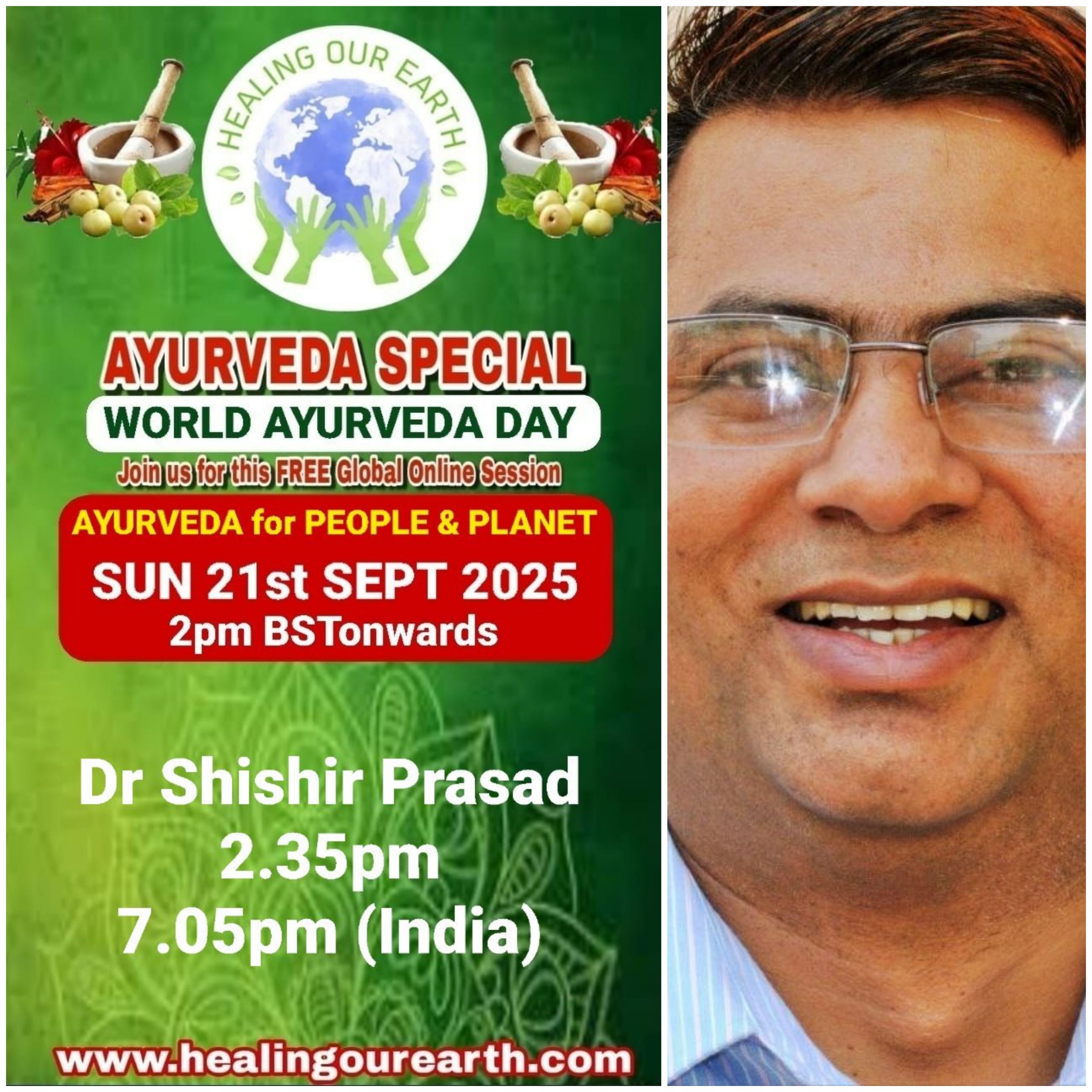 A promotional poster for Global Ayurveda Day on October 13, 2024, at 2pm BST. It features an image of a bearded man with glasses, details about the online event, and logos of various organizations. The bottom text highlights Tomás Pfeiffer and the Institute for Traditional, Complementary, and Integrative Medicine. Website: healingourearth.com.