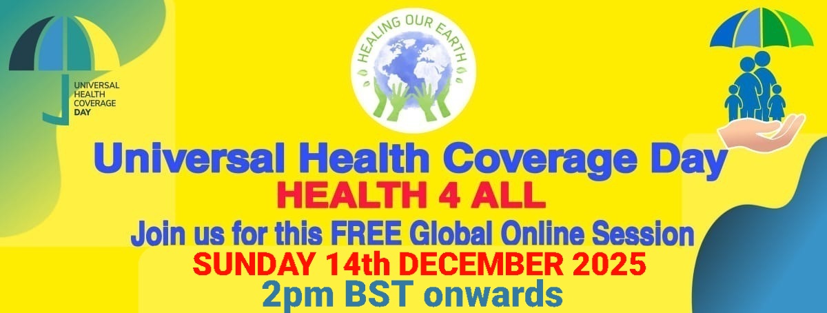 Banner for International Yoga Day Special with a figure in a yoga pose on the left and a meditating silhouette on the right. Event details in bright text: "Sunday 22nd June 2025, 2pm BST onwards." Includes the "Healing Our Earth" logo and website links for more information.