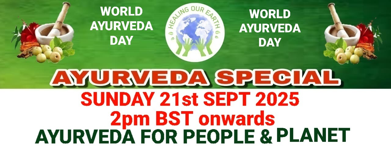 Bright banner with "AYURVEDA SPECIAL" in red and "GLOBAL AYURVEDA DAY" in green text on a white background. Above is a logo with a globe, trees, and "HEALING OUR EARTH." Two bowls of herbs and fruits flank the logo. Below, "SUNDAY 13th OCTOBER 2pm onwards" in white on a red background.