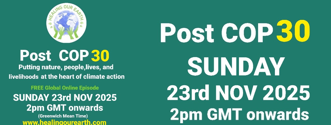 Banner for International Yoga Day Special with a figure in a yoga pose on the left and a meditating silhouette on the right. Event details in bright text: "Sunday 22nd June 2025, 2pm BST onwards." Includes the "Healing Our Earth" logo and website links for more information.