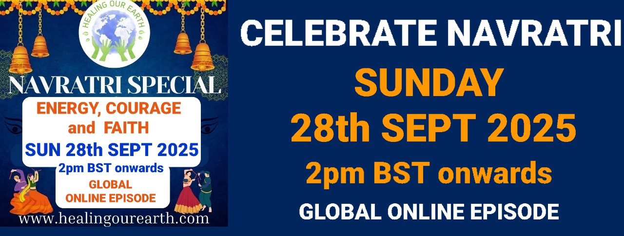 Banner for International Yoga Day Special with a figure in a yoga pose on the left and a meditating silhouette on the right. Event details in bright text: "Sunday 22nd June 2025, 2pm BST onwards." Includes the "Healing Our Earth" logo and website links for more information.