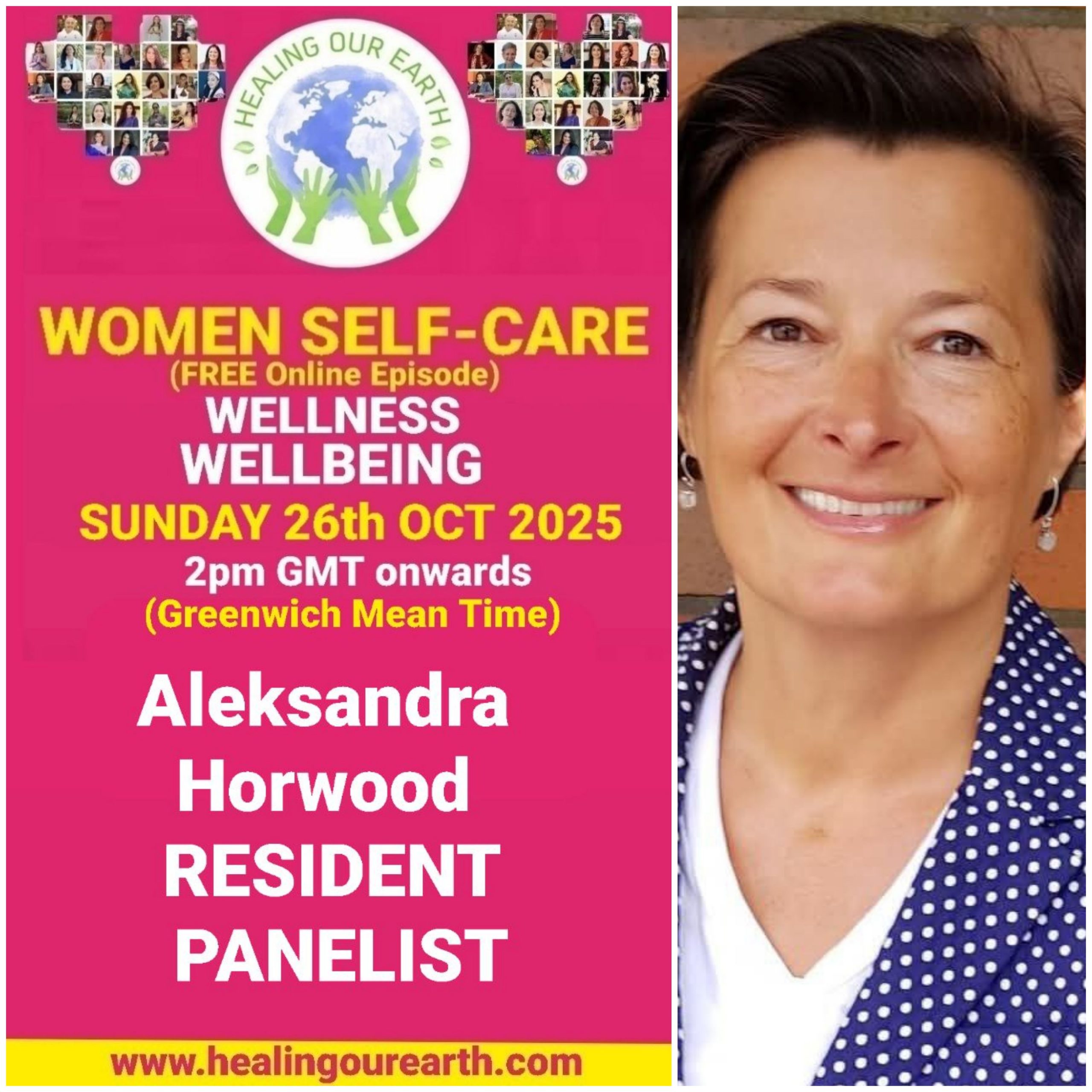 Promotional poster for a women’s self-care and empowerment online event with speaker photos, schedule, and social media details.
