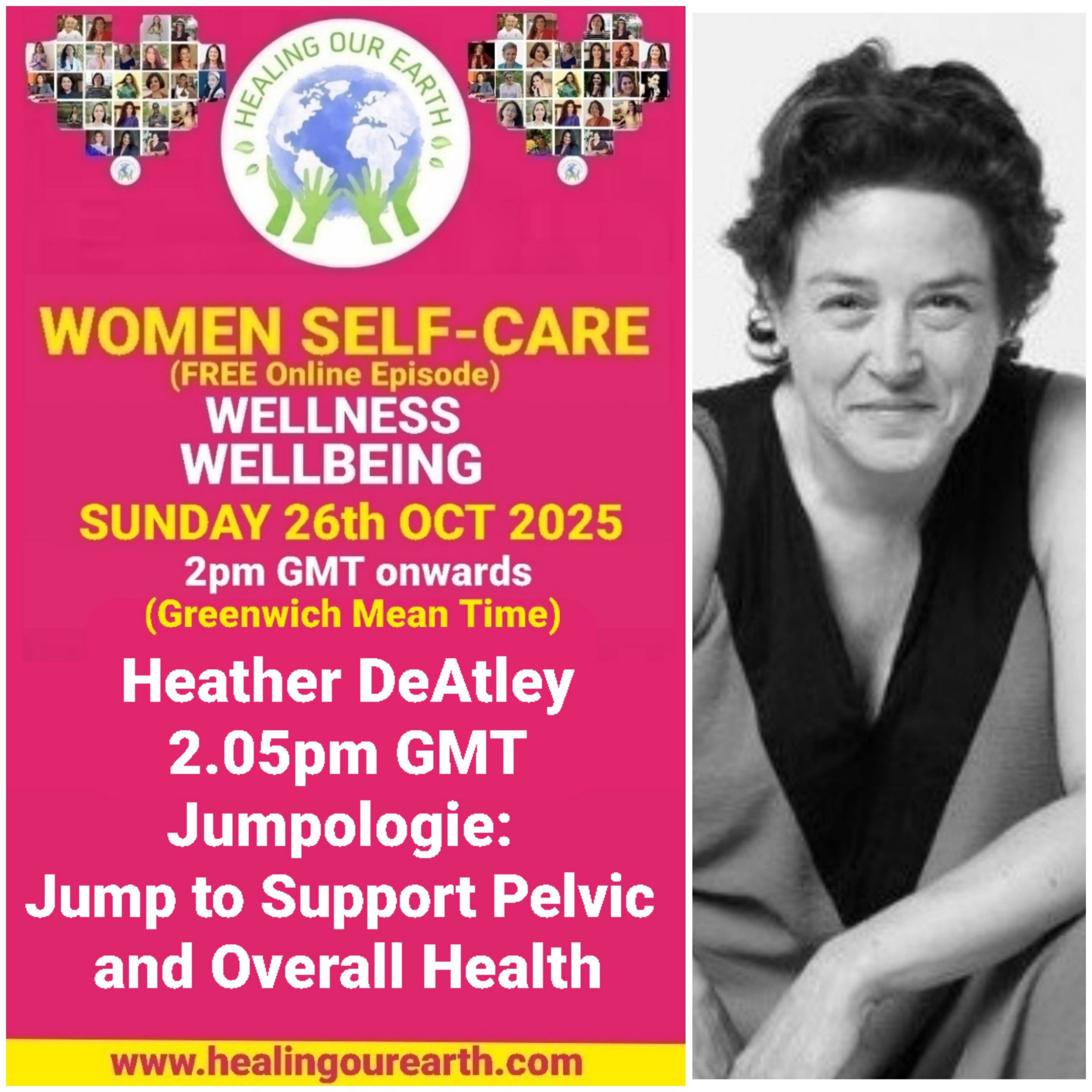 Promotional poster for a women’s self-care and empowerment online event with speaker photos, schedule, and social media details.