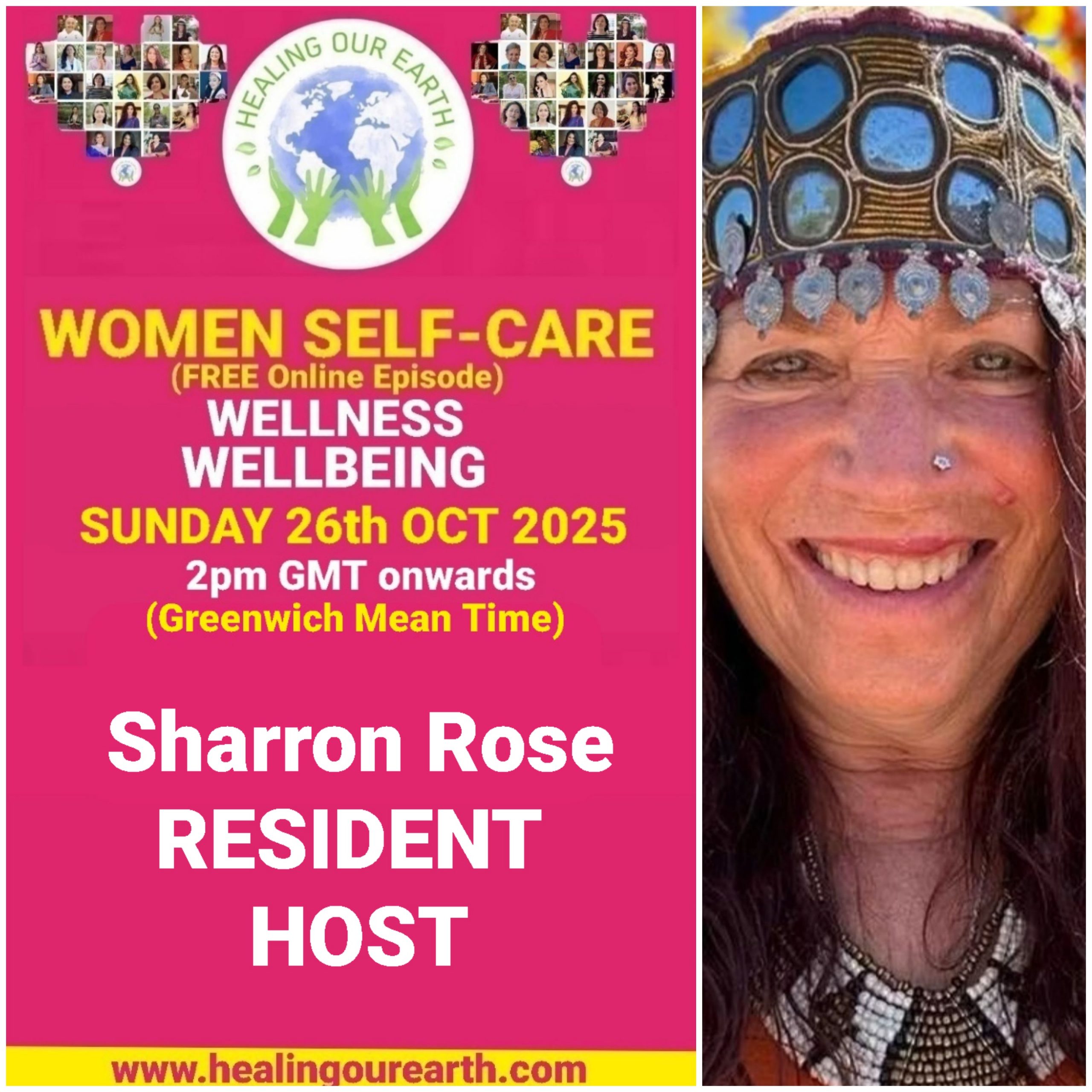 Promotional poster for a women’s self-care and empowerment online event with speaker photos, schedule, and social media details.