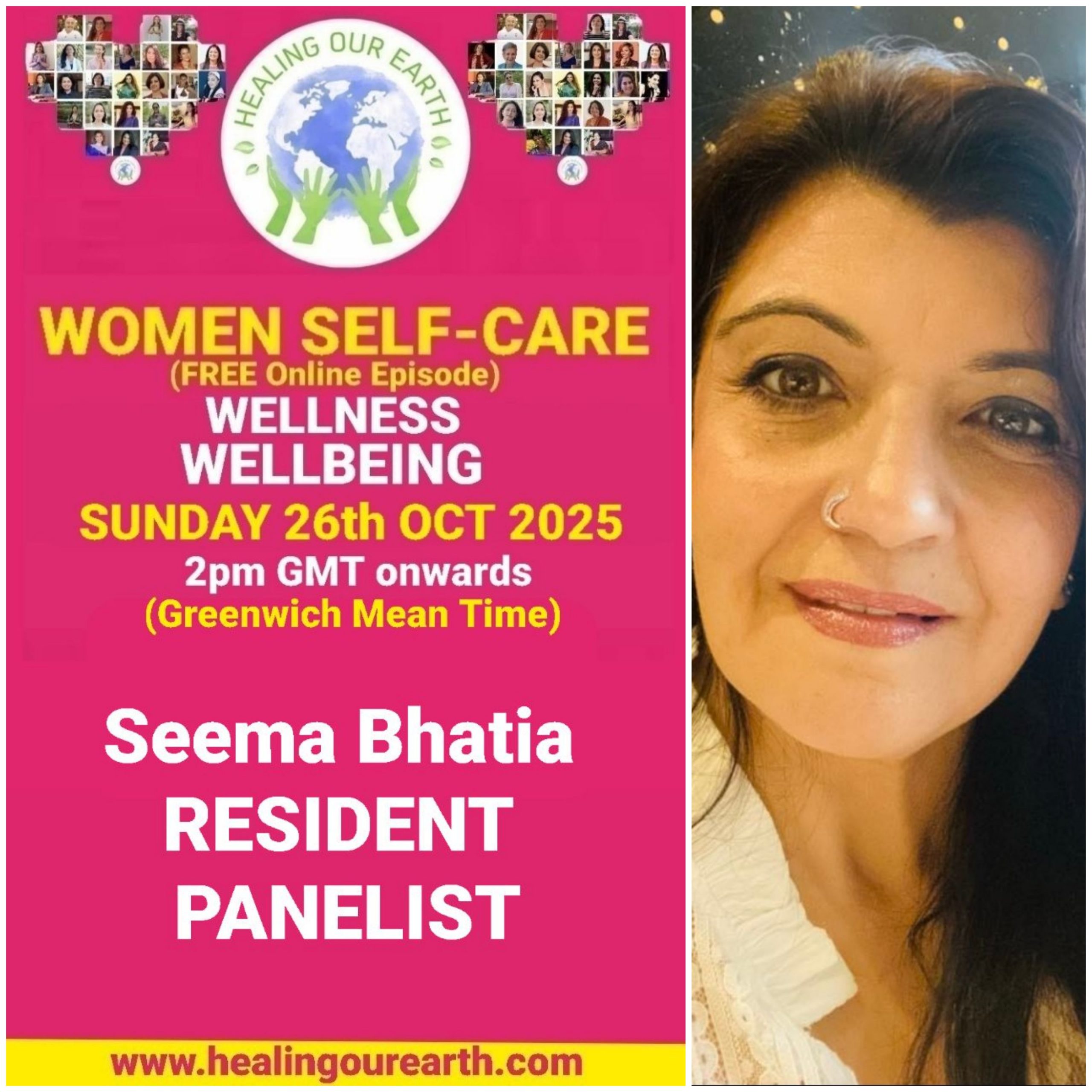 Promotional poster for a women’s self-care and empowerment online event with speaker photos, schedule, and social media details.