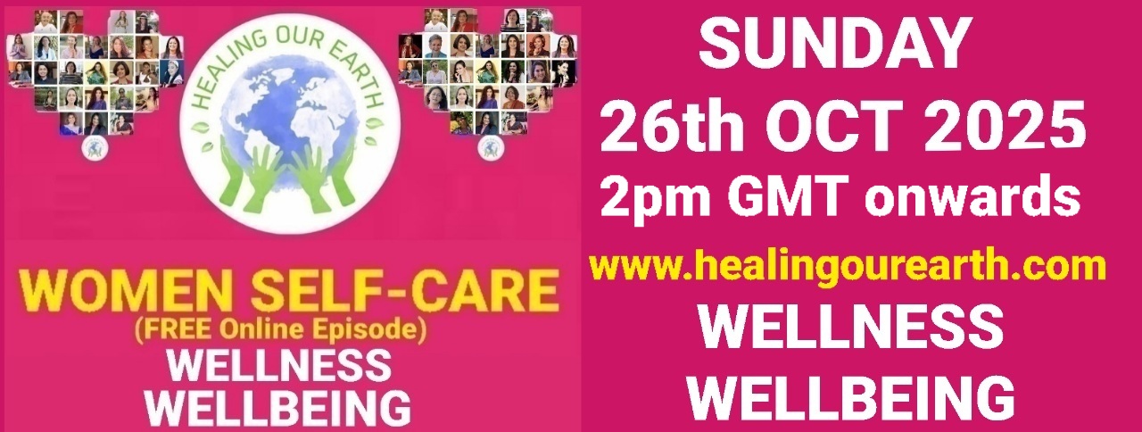 Banner for International Yoga Day Special with a figure in a yoga pose on the left and a meditating silhouette on the right. Event details in bright text: "Sunday 22nd June 2025, 2pm BST onwards." Includes the "Healing Our Earth" logo and website links for more information.