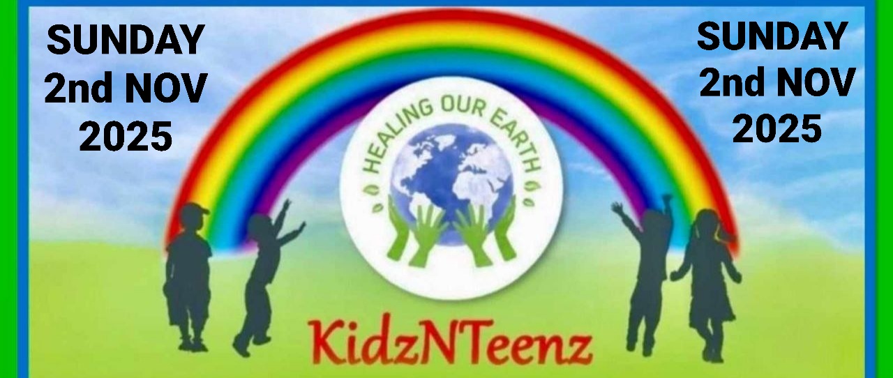 Banner for International Yoga Day Special with a figure in a yoga pose on the left and a meditating silhouette on the right. Event details in bright text: "Sunday 22nd June 2025, 2pm BST onwards." Includes the "Healing Our Earth" logo and website links for more information.