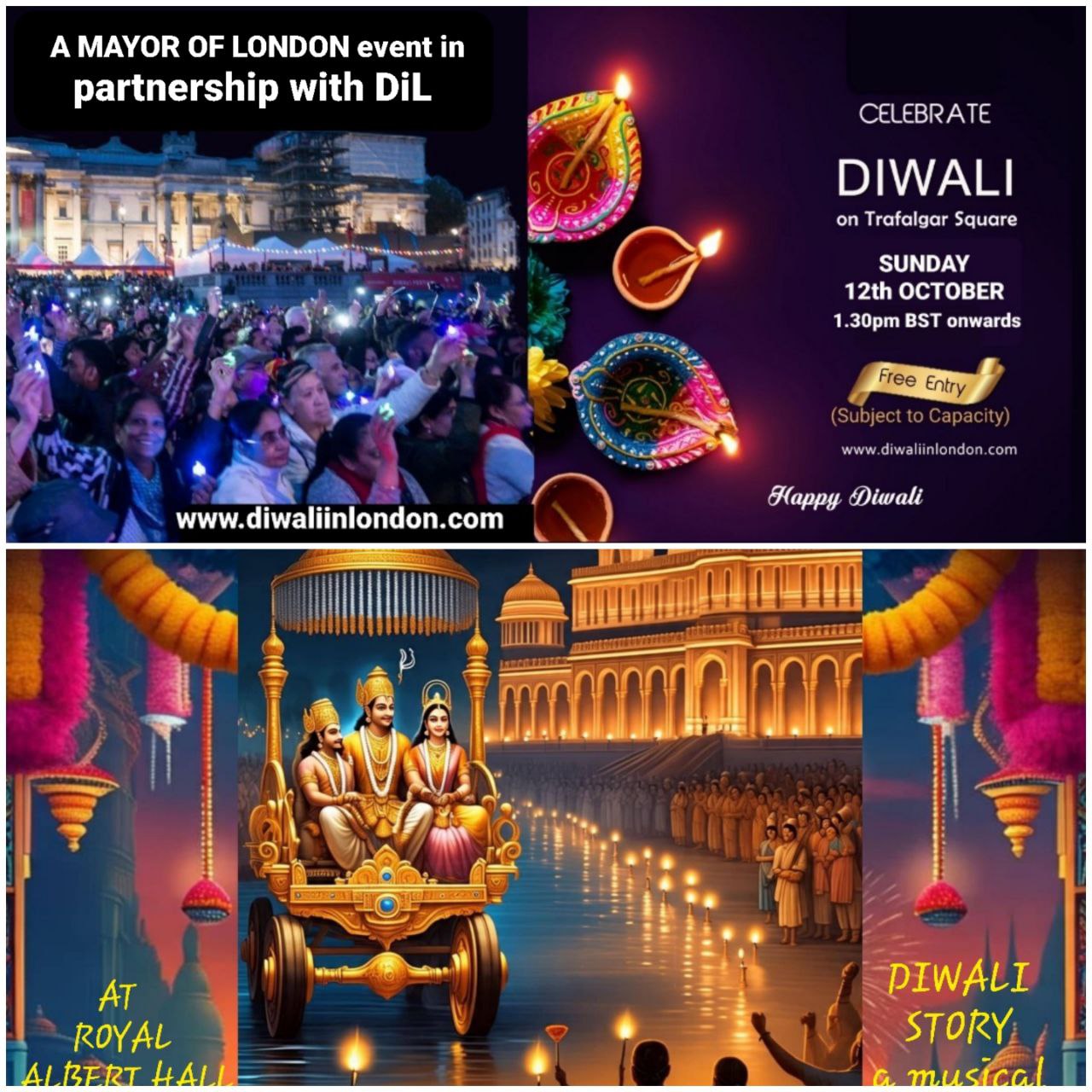 Colorful Ram Navami event poster with two images of a blue-skinned deity, promotional text, and event details. Central graphic features a planet held by hands. Event is on Sunday, 6th April 2025 at 2 PM BST. Website and Facebook link for more info.