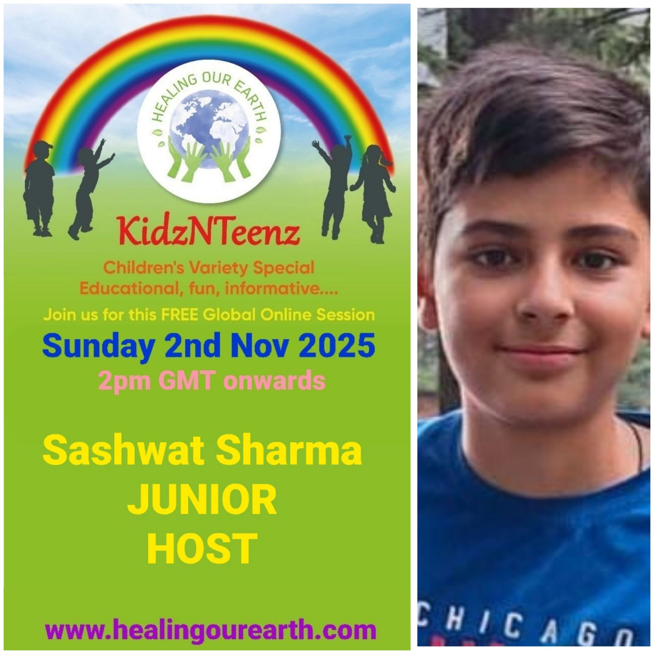 Promotional flyer for KidzNTeenz event by Healing Our Earth featuring Dr. Amrita Sharma. Event details: Sunday, July 14, 2024, at 2 PM BST (6:30 PM India). Features educational, fun content, and is hosted by senior anchor Dr. Amrita Sharma. The flyer includes a photo of Dr. Sharma and event details.