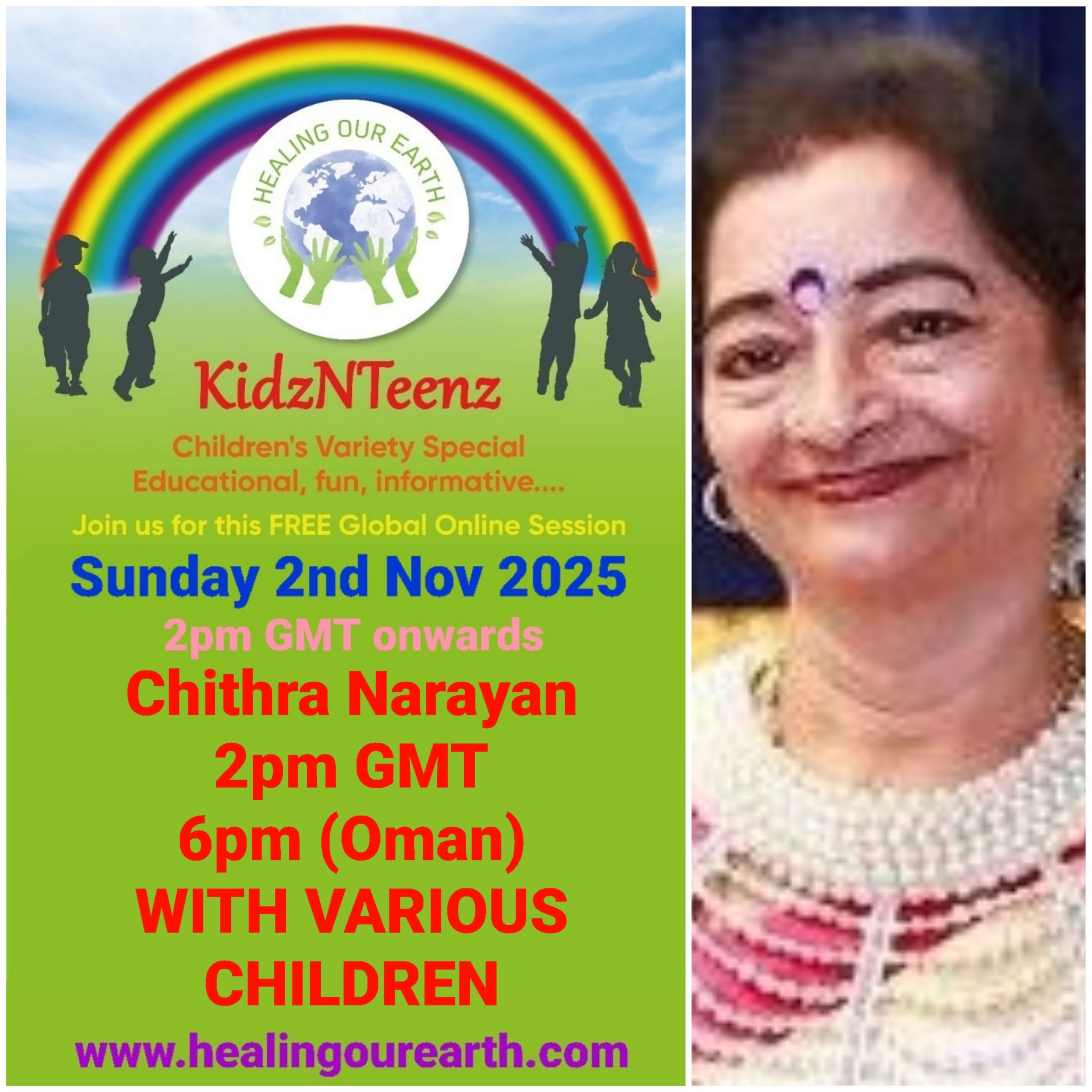 Promotional flyer for KidzNTeenz event by Healing Our Earth featuring Dr. Amrita Sharma. Event details: Sunday, July 14, 2024, at 2 PM BST (6:30 PM India). Features educational, fun content, and is hosted by senior anchor Dr. Amrita Sharma. The flyer includes a photo of Dr. Sharma and event details.