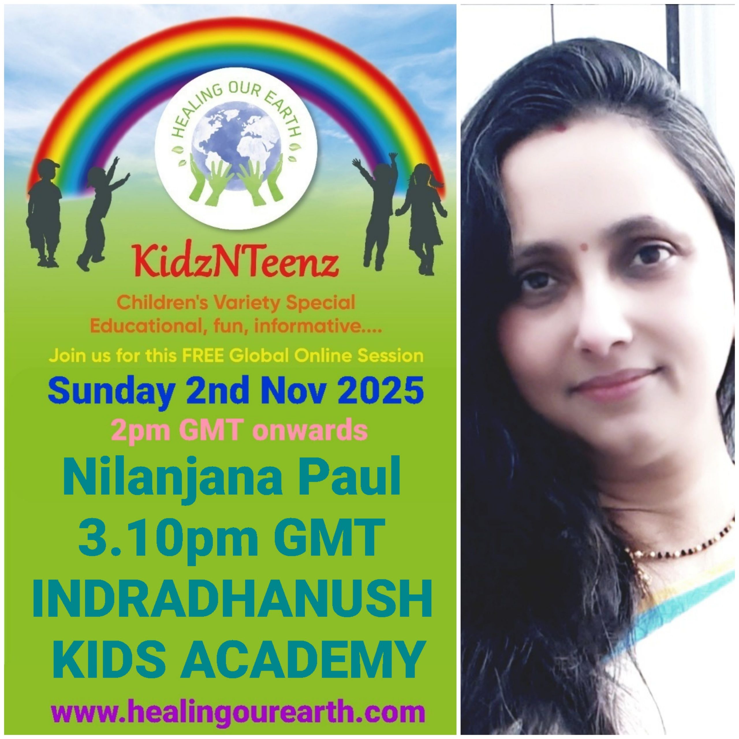 Promotional flyer for KidzNTeenz event by Healing Our Earth featuring Dr. Amrita Sharma. Event details: Sunday, July 14, 2024, at 2 PM BST (6:30 PM India). Features educational, fun content, and is hosted by senior anchor Dr. Amrita Sharma. The flyer includes a photo of Dr. Sharma and event details.