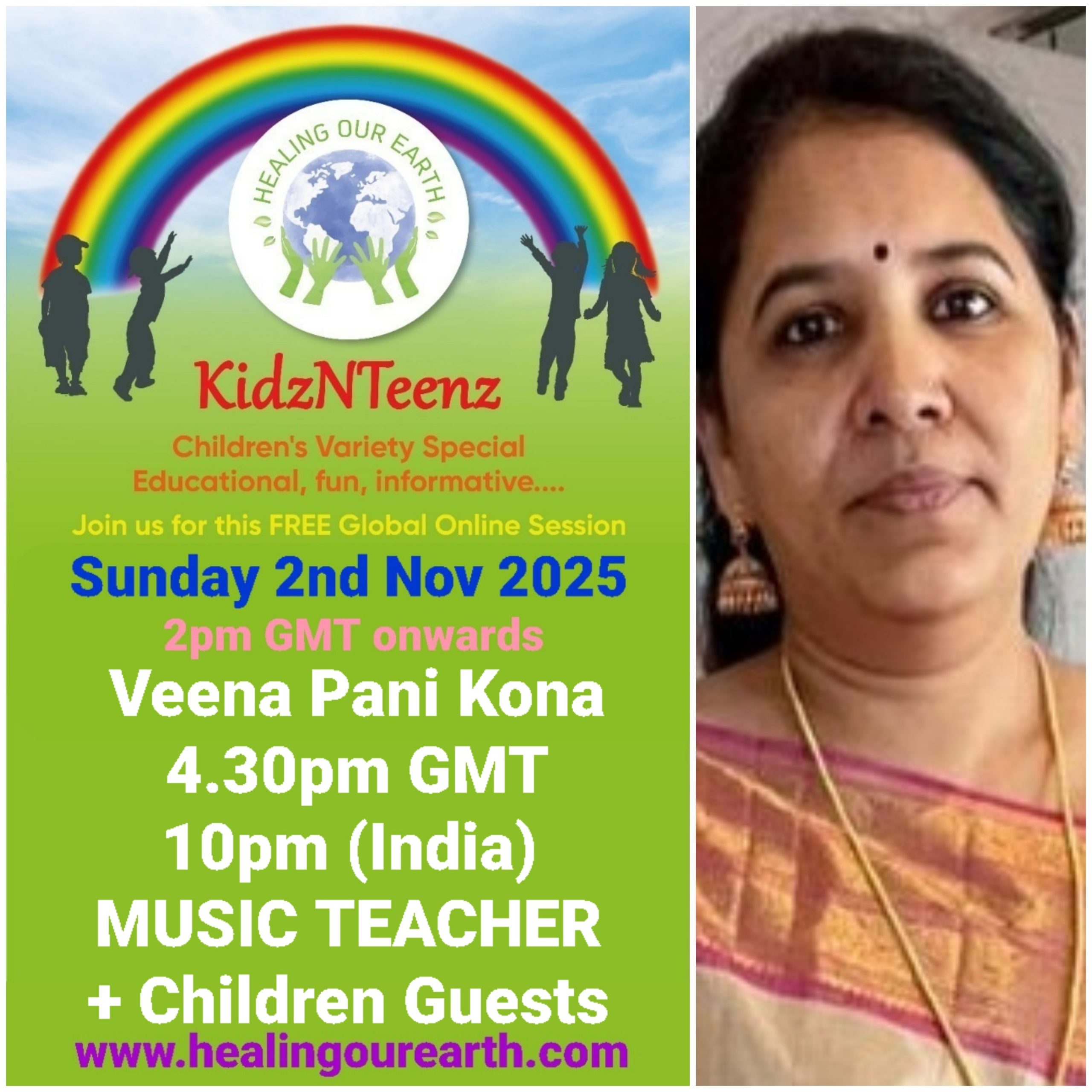 Promotional flyer for KidzNTeenz event by Healing Our Earth featuring Dr. Amrita Sharma. Event details: Sunday, July 14, 2024, at 2 PM BST (6:30 PM India). Features educational, fun content, and is hosted by senior anchor Dr. Amrita Sharma. The flyer includes a photo of Dr. Sharma and event details.