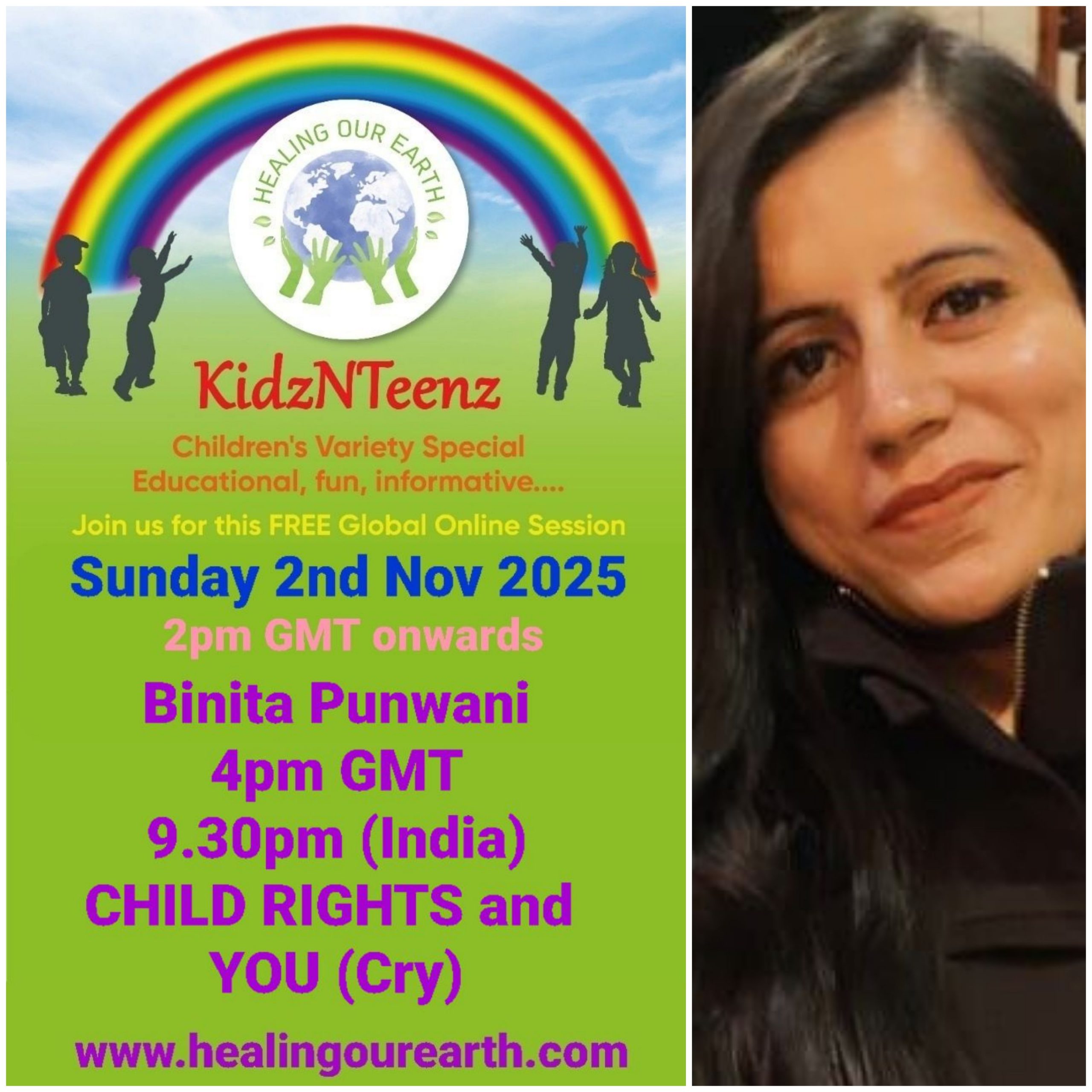 Promotional flyer for KidzNTeenz event by Healing Our Earth featuring Dr. Amrita Sharma. Event details: Sunday, July 14, 2024, at 2 PM BST (6:30 PM India). Features educational, fun content, and is hosted by senior anchor Dr. Amrita Sharma. The flyer includes a photo of Dr. Sharma and event details.