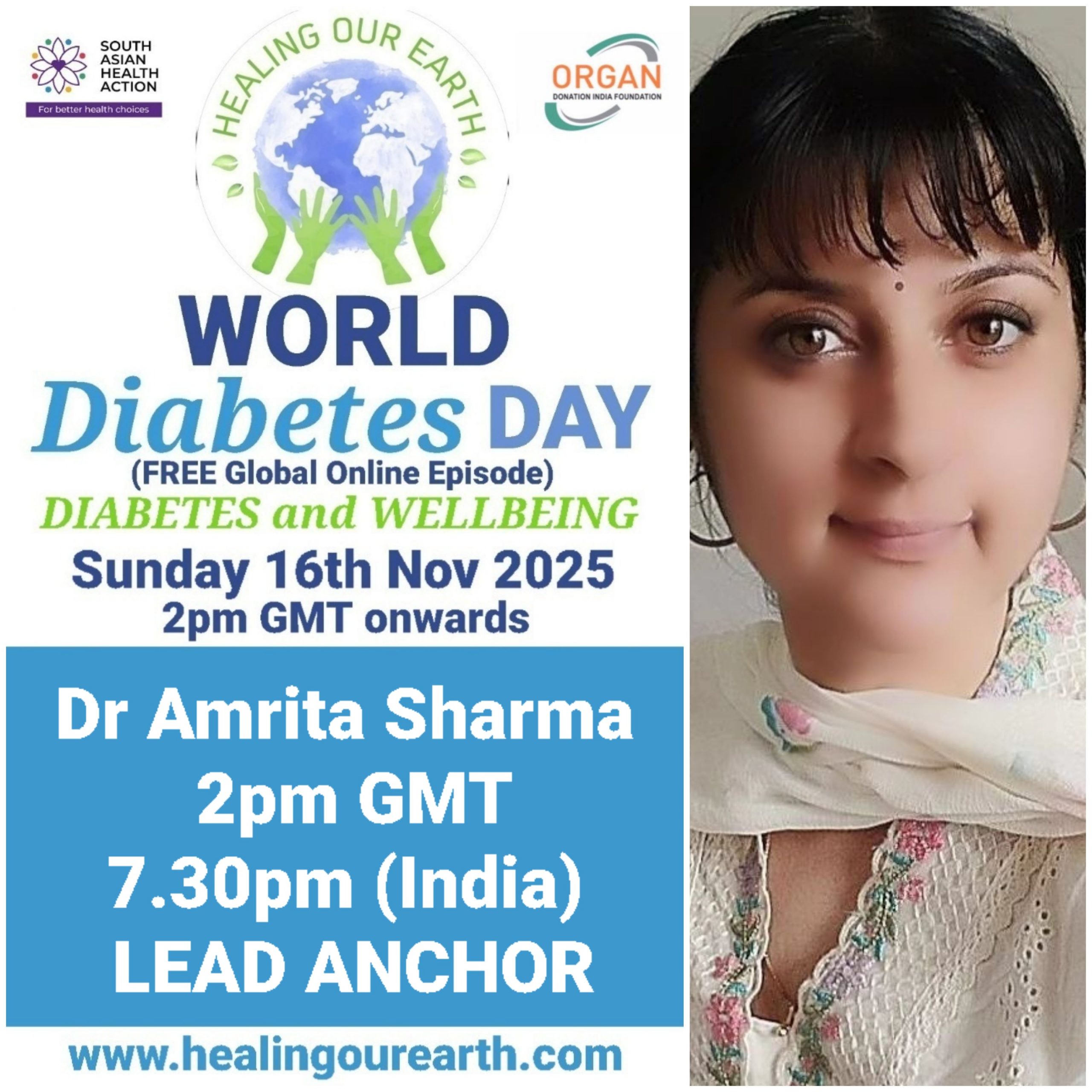 Promotional flyer for KidzNTeenz event by Healing Our Earth featuring Dr. Amrita Sharma. Event details: Sunday, July 14, 2024, at 2 PM BST (6:30 PM India). Features educational, fun content, and is hosted by senior anchor Dr. Amrita Sharma. The flyer includes a photo of Dr. Sharma and event details.