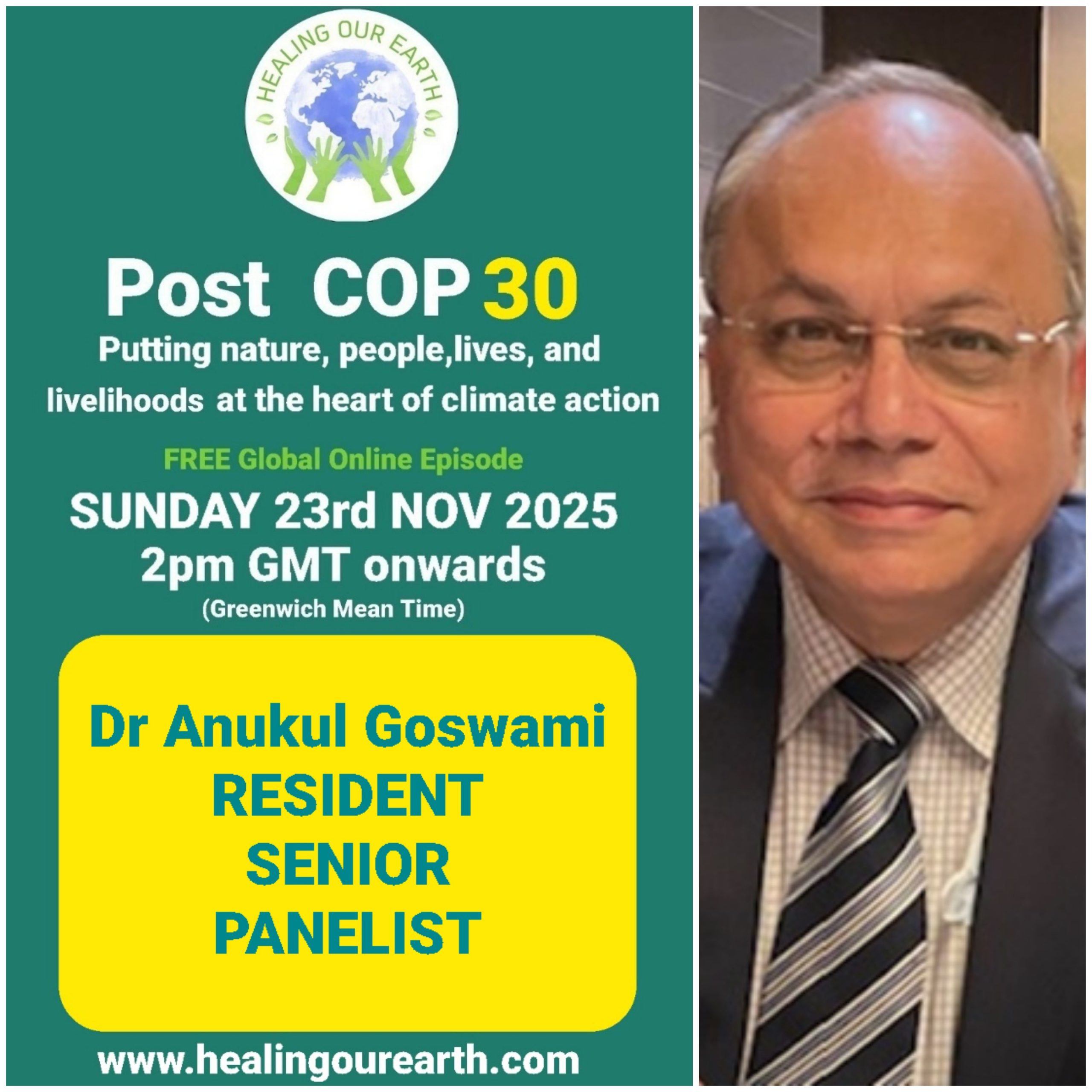 The image is a poster for a "Post COP29" online event on sustainable fashion, scheduled for Sunday, 24th November 2024, at 2pm GMT. It features a smiling woman in traditional attire next to text with event details, organized by healingourearth.com.