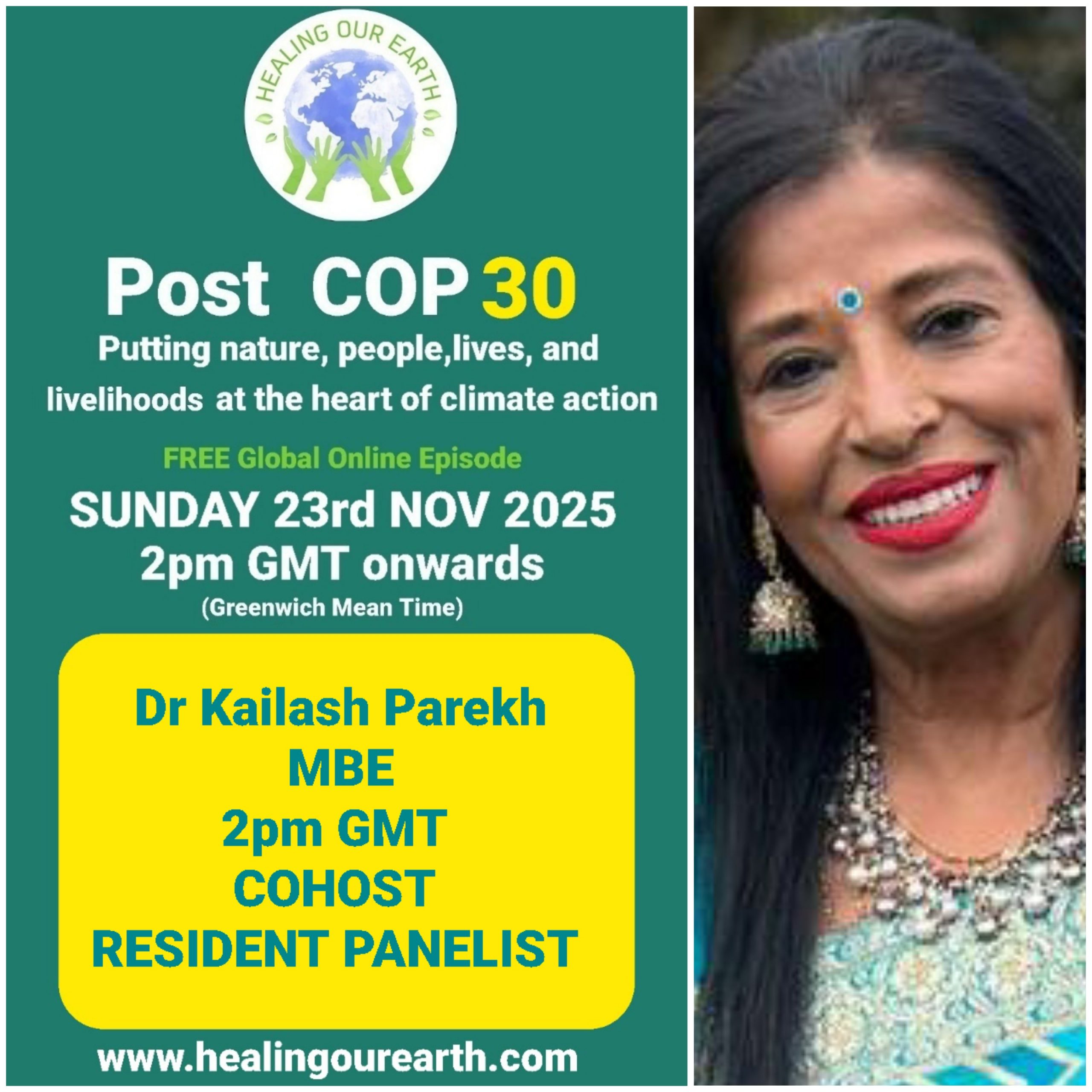 The image is a poster for a "Post COP29" online event on sustainable fashion, scheduled for Sunday, 24th November 2024, at 2pm GMT. It features a smiling woman in traditional attire next to text with event details, organized by healingourearth.com.
