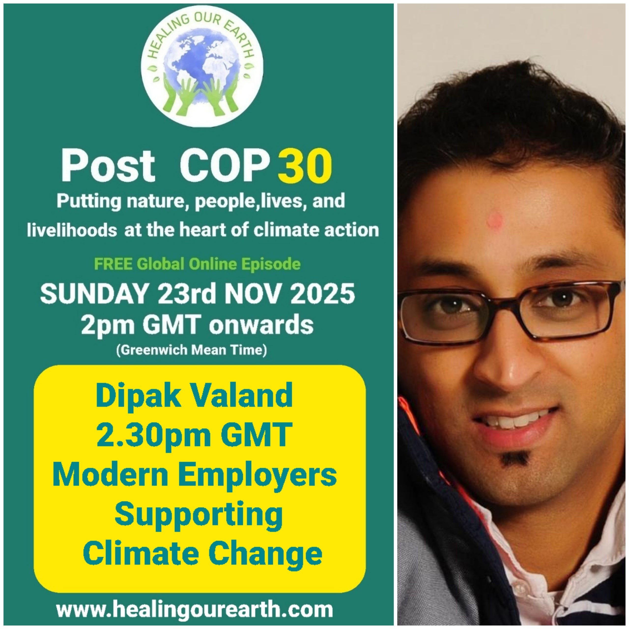 The image is a poster for a "Post COP29" online event on sustainable fashion, scheduled for Sunday, 24th November 2024, at 2pm GMT. It features a smiling woman in traditional attire next to text with event details, organized by healingourearth.com.