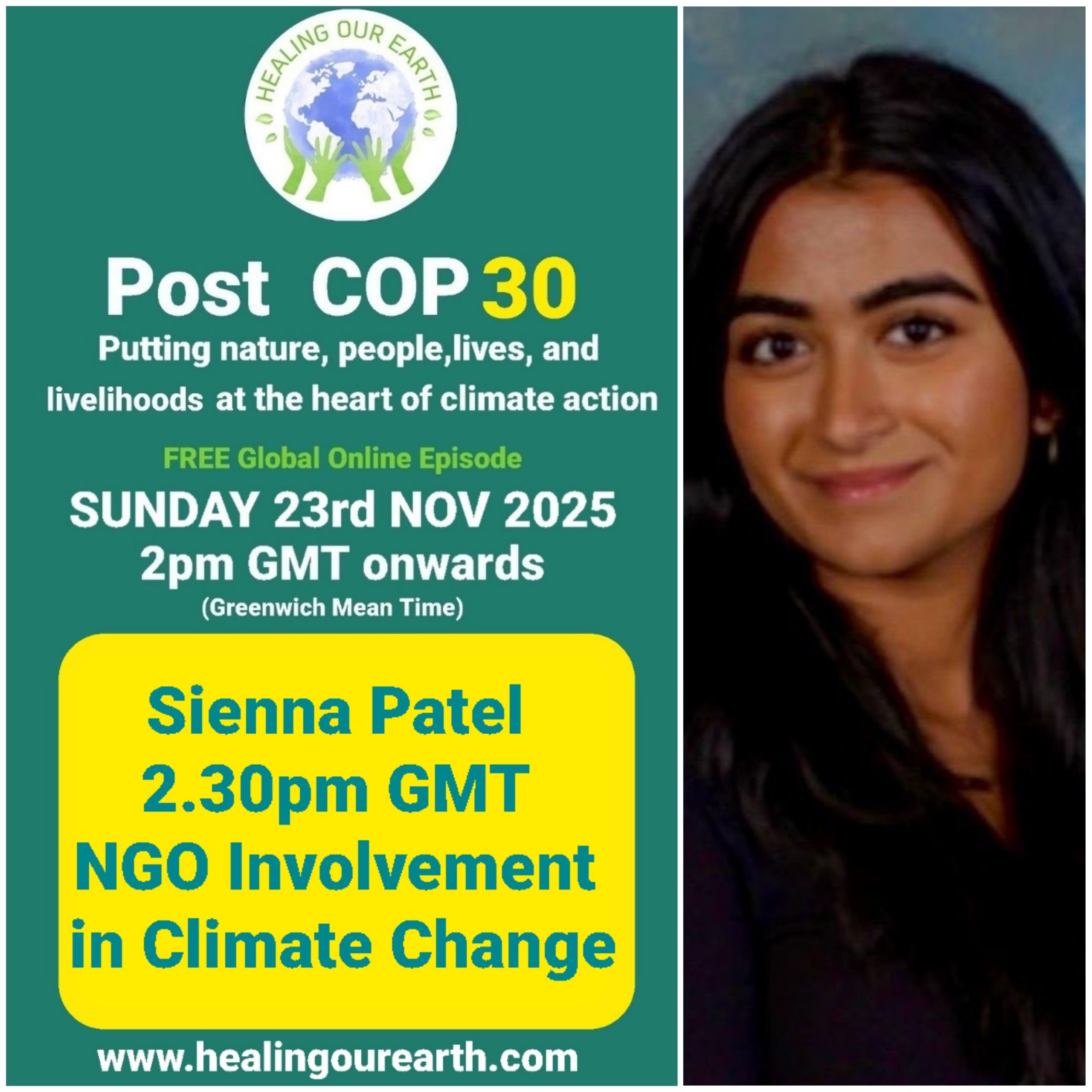 The image is a poster for a "Post COP29" online event on sustainable fashion, scheduled for Sunday, 24th November 2024, at 2pm GMT. It features a smiling woman in traditional attire next to text with event details, organized by healingourearth.com.