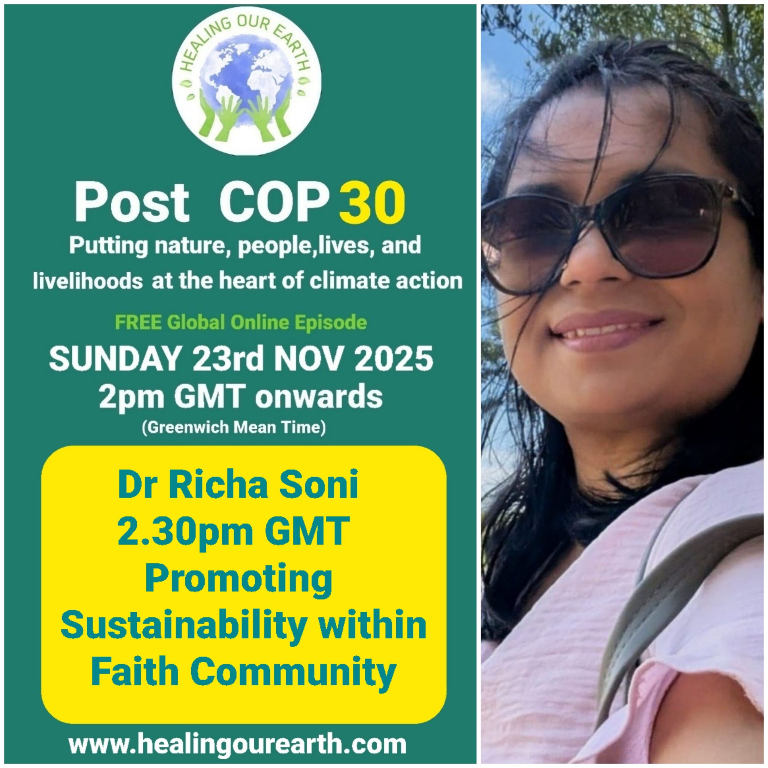 The image is a poster for a "Post COP29" online event on sustainable fashion, scheduled for Sunday, 24th November 2024, at 2pm GMT. It features a smiling woman in traditional attire next to text with event details, organized by healingourearth.com.