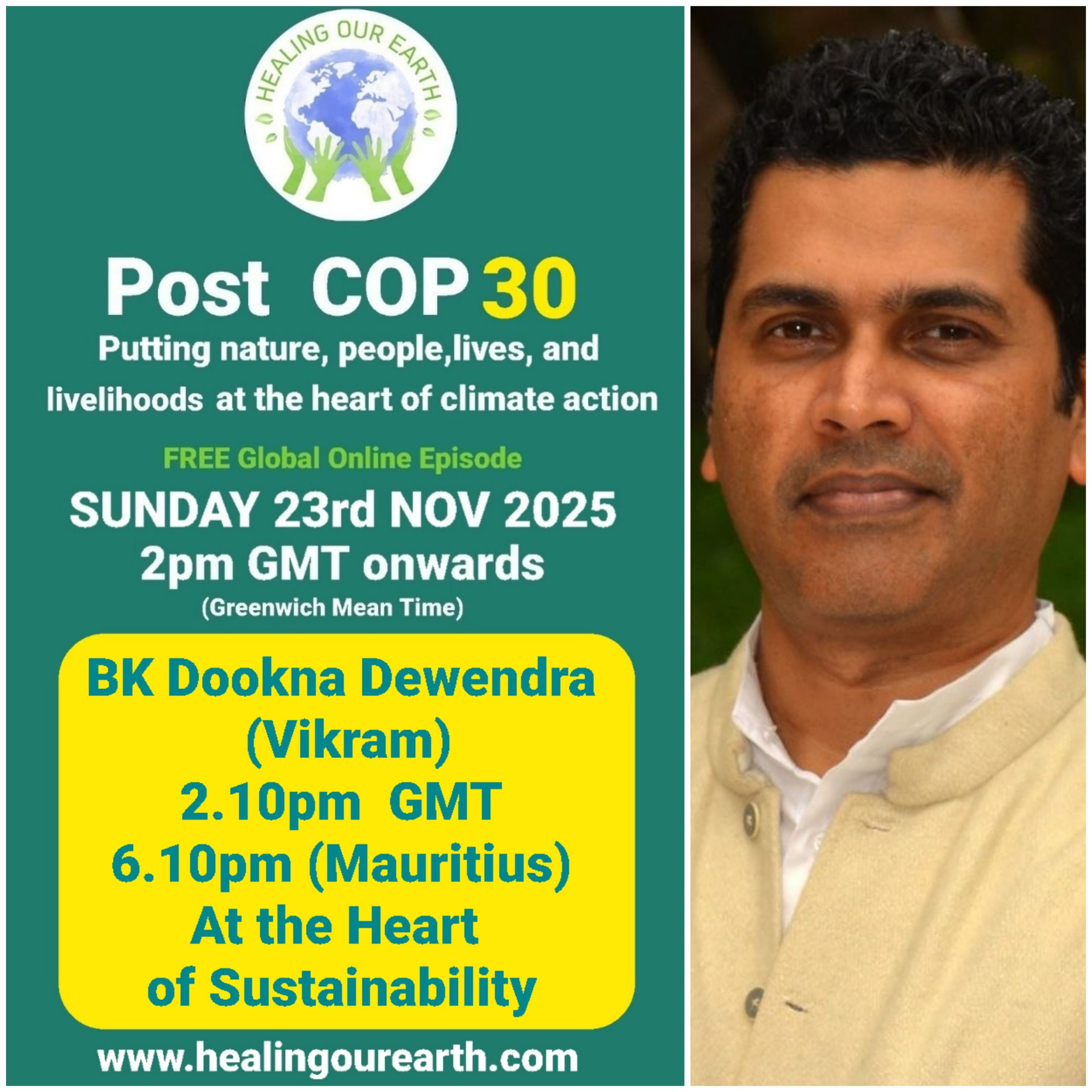 The image is a poster for a "Post COP29" online event on sustainable fashion, scheduled for Sunday, 24th November 2024, at 2pm GMT. It features a smiling woman in traditional attire next to text with event details, organized by healingourearth.com.