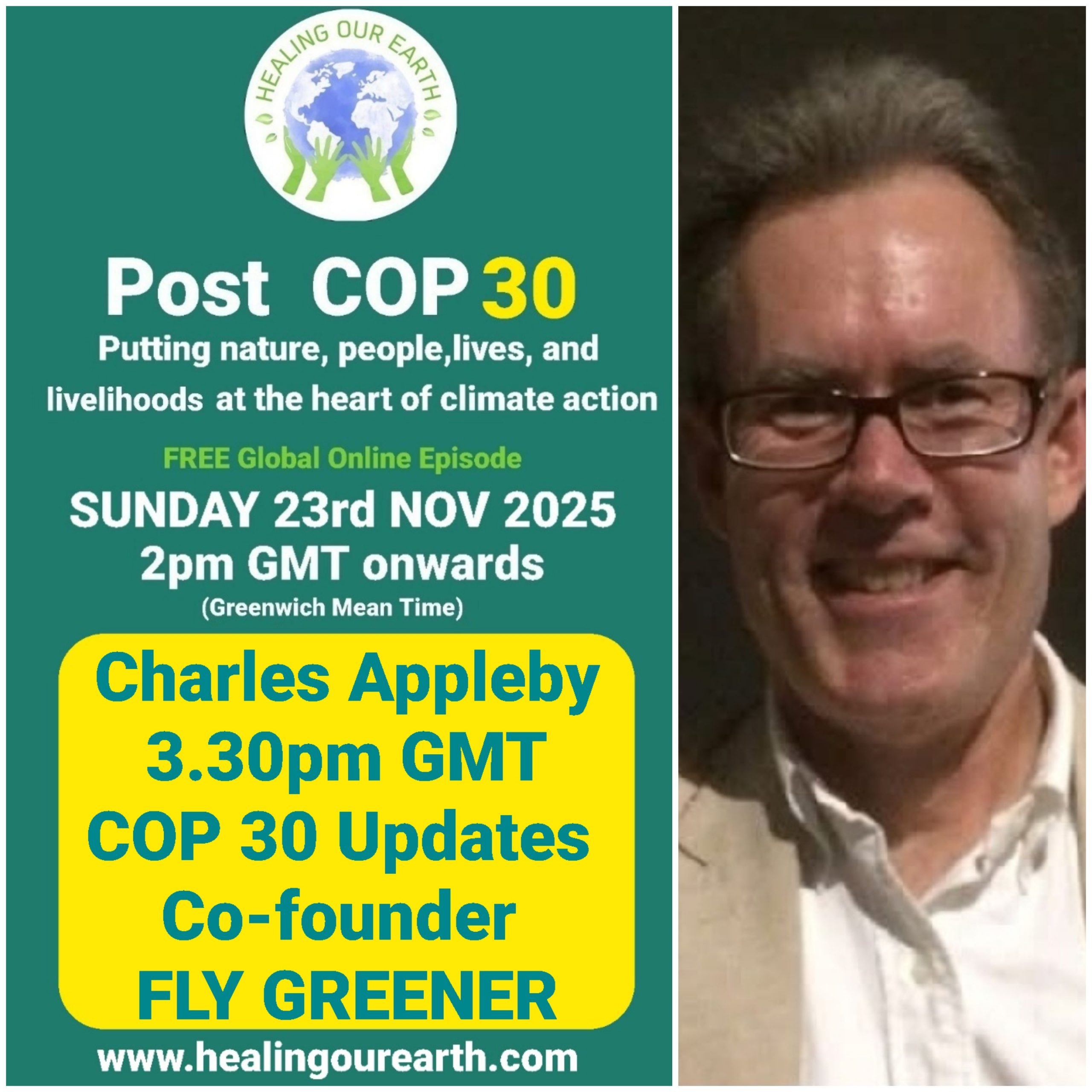 The image is a poster for a "Post COP29" online event on sustainable fashion, scheduled for Sunday, 24th November 2024, at 2pm GMT. It features a smiling woman in traditional attire next to text with event details, organized by healingourearth.com.