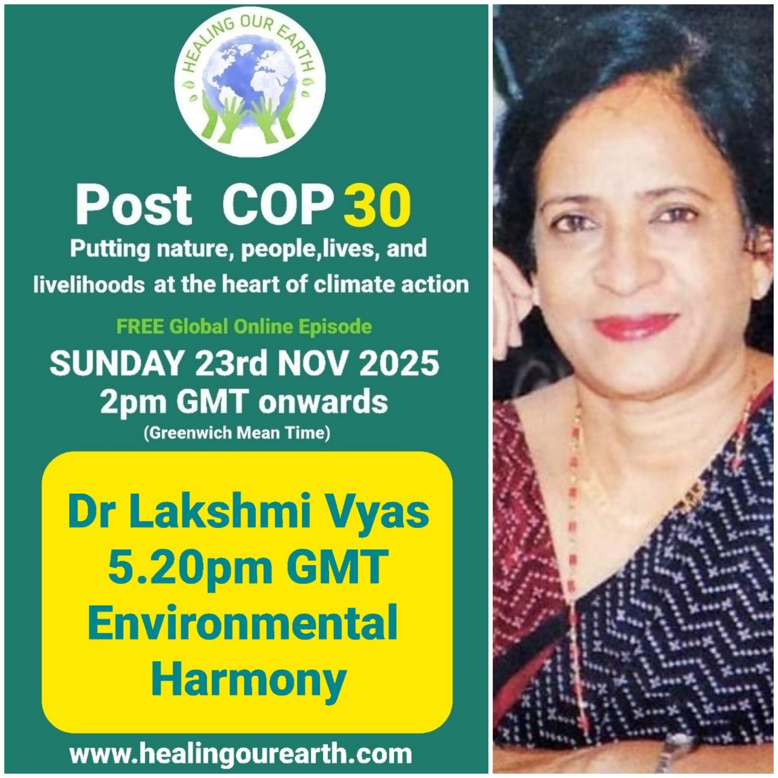 The image is a poster for a "Post COP29" online event on sustainable fashion, scheduled for Sunday, 24th November 2024, at 2pm GMT. It features a smiling woman in traditional attire next to text with event details, organized by healingourearth.com.