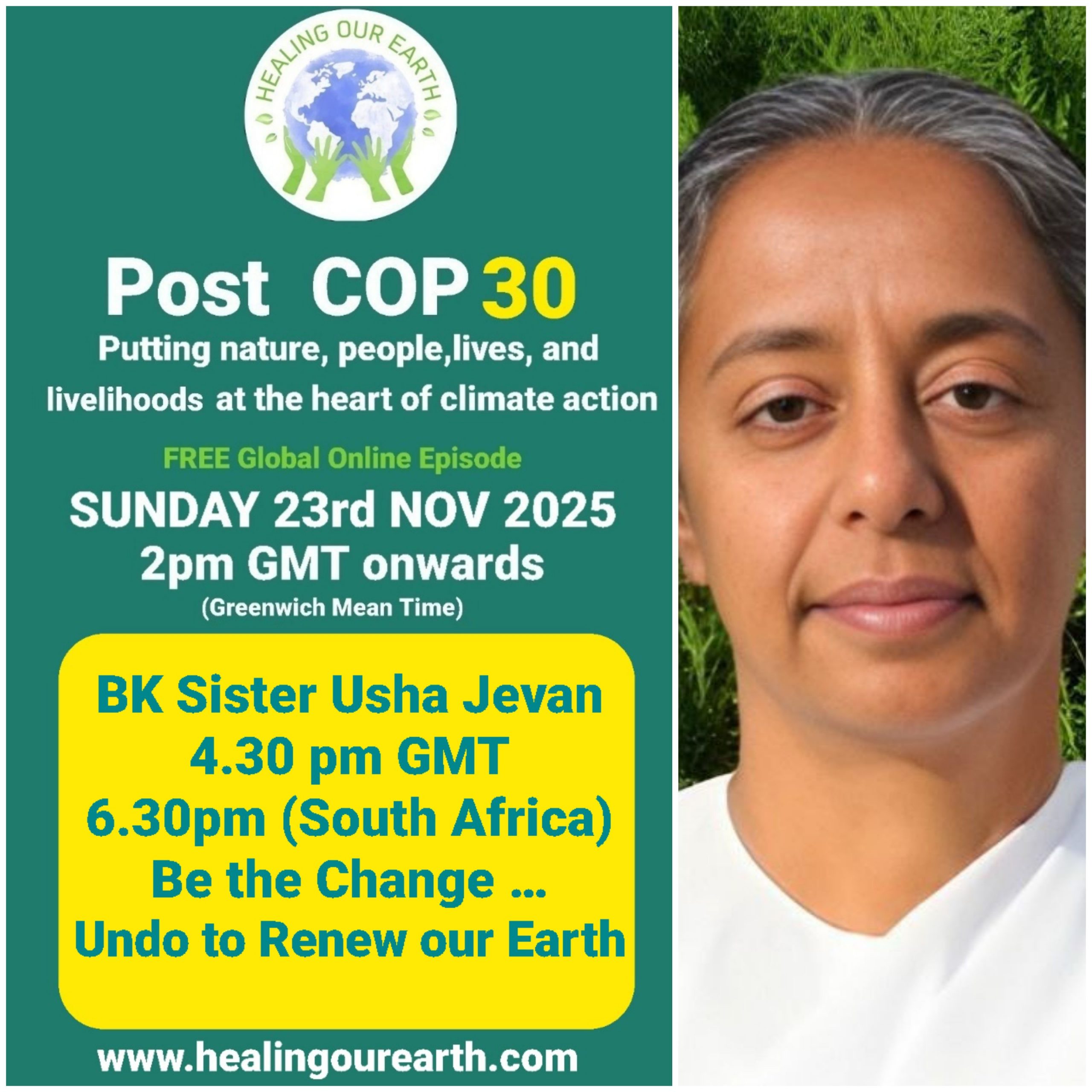 The image is a poster for a "Post COP29" online event on sustainable fashion, scheduled for Sunday, 24th November 2024, at 2pm GMT. It features a smiling woman in traditional attire next to text with event details, organized by healingourearth.com.