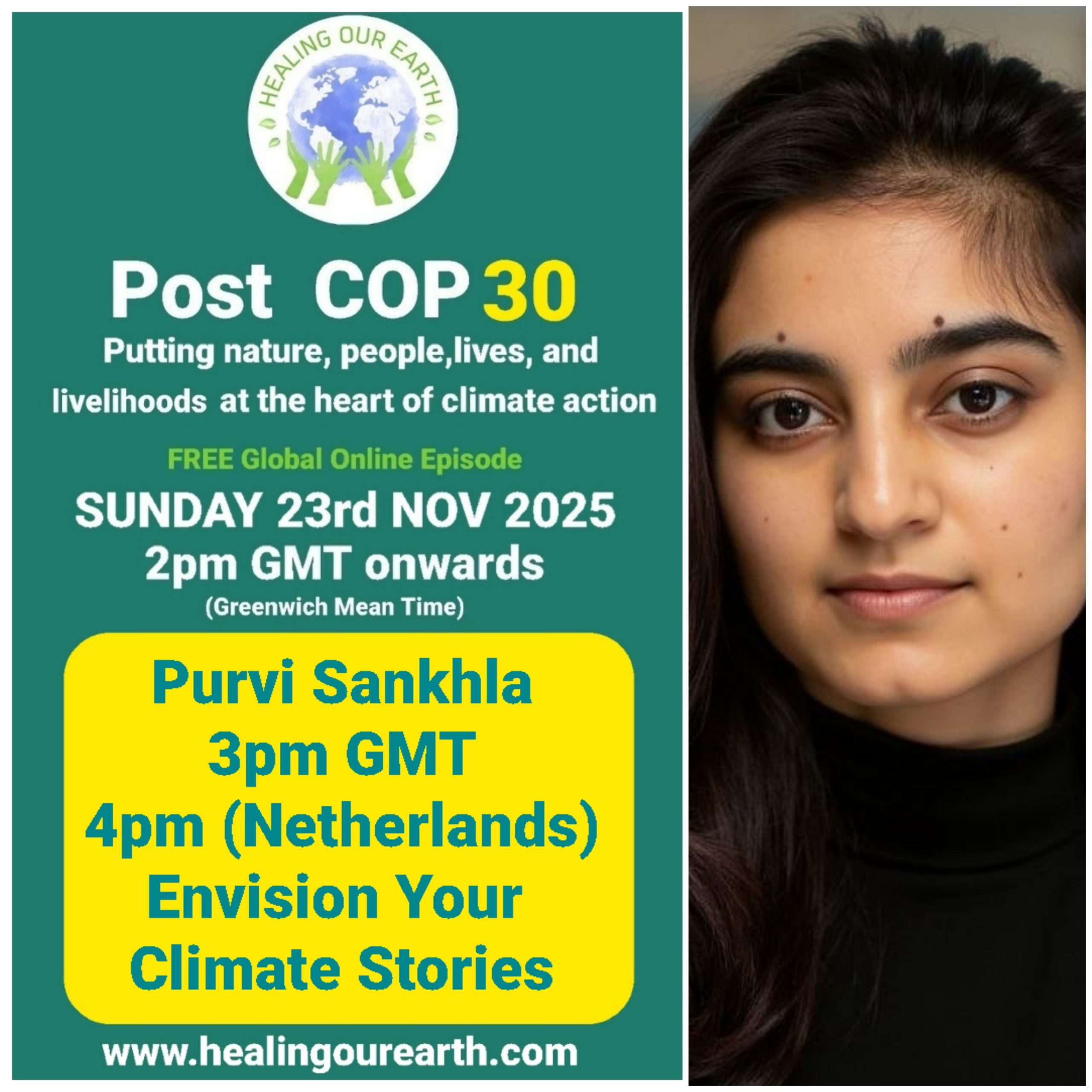 The image is a poster for a "Post COP29" online event on sustainable fashion, scheduled for Sunday, 24th November 2024, at 2pm GMT. It features a smiling woman in traditional attire next to text with event details, organized by healingourearth.com.