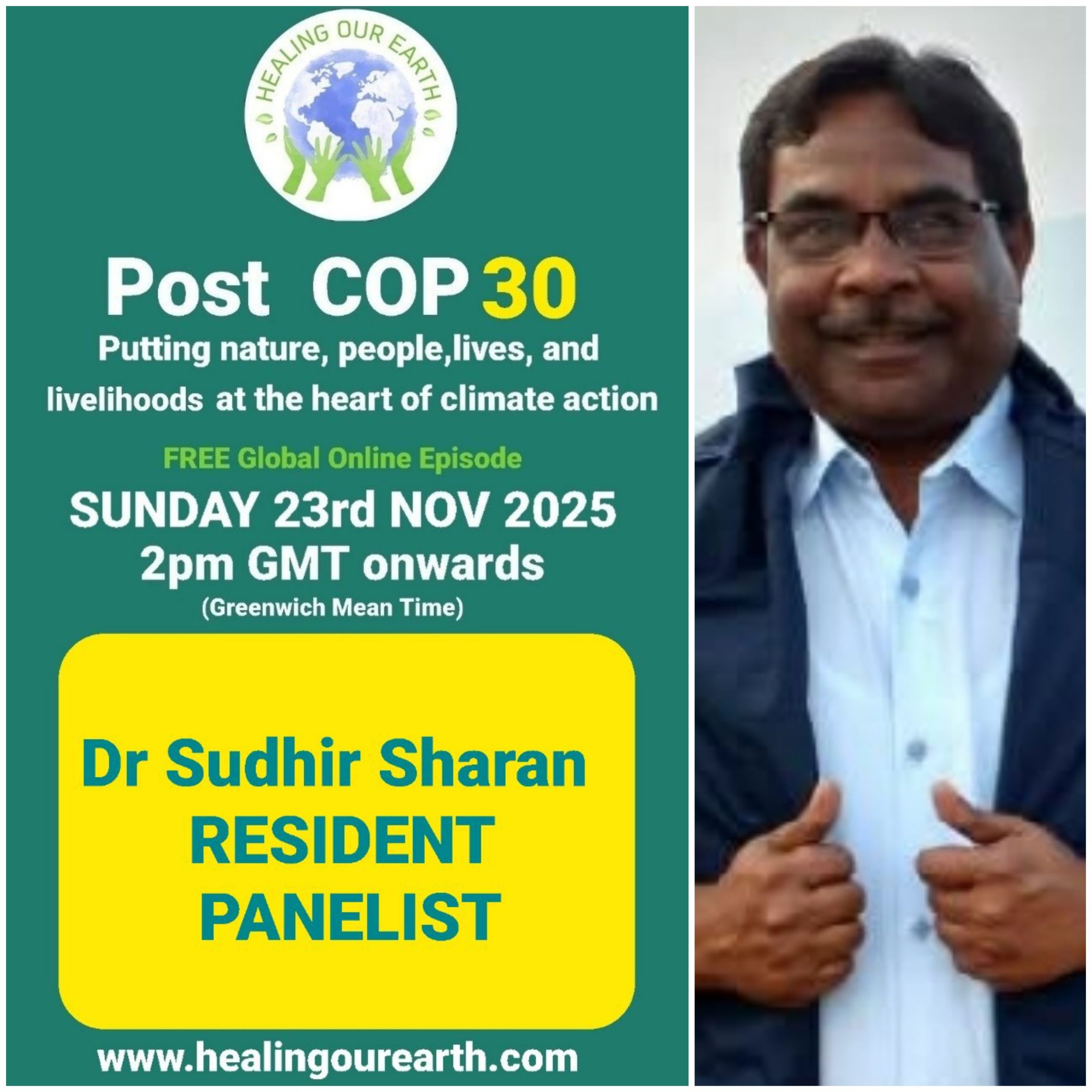 The image is a poster for a "Post COP29" online event on sustainable fashion, scheduled for Sunday, 24th November 2024, at 2pm GMT. It features a smiling woman in traditional attire next to text with event details, organized by healingourearth.com.