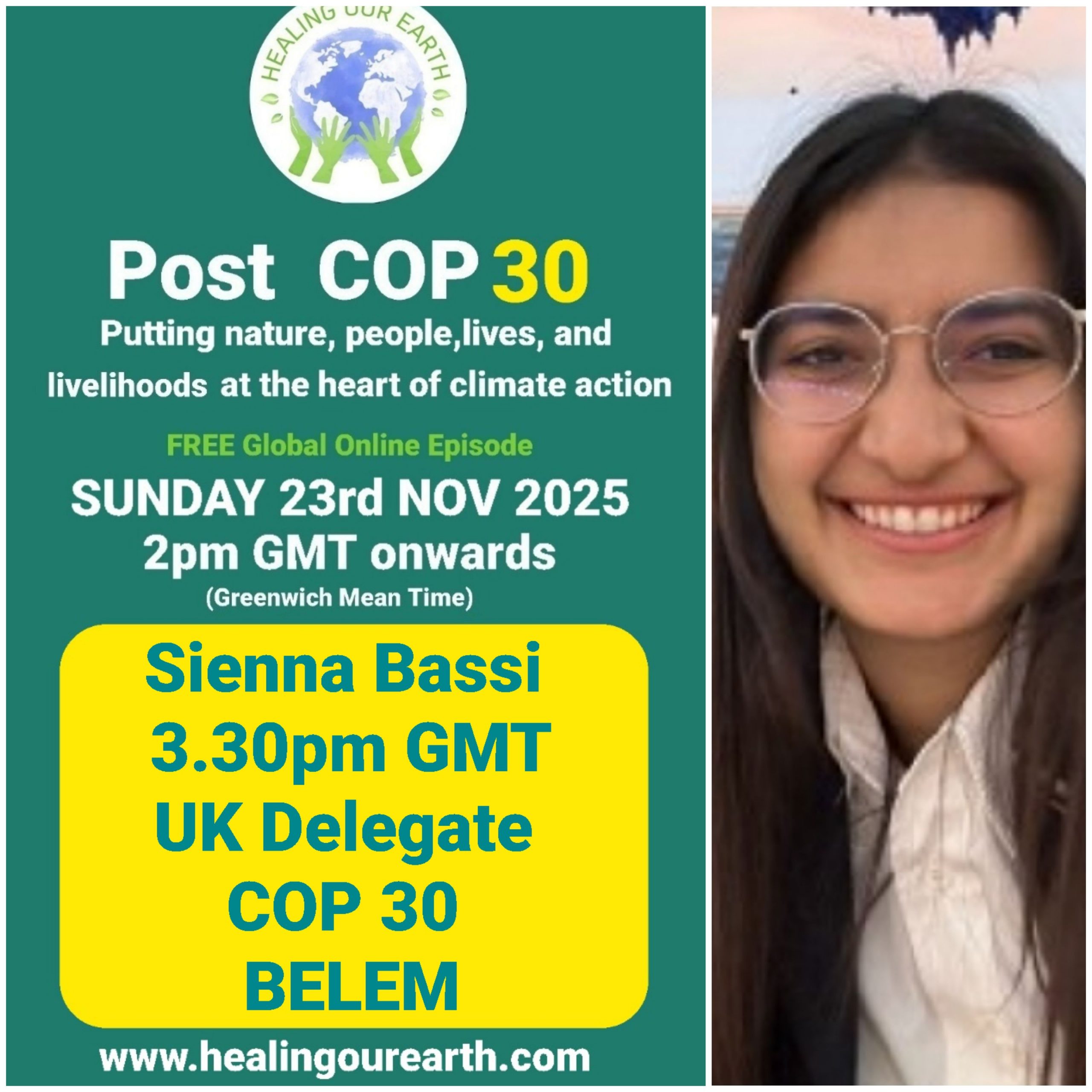 The image is a poster for a "Post COP29" online event on sustainable fashion, scheduled for Sunday, 24th November 2024, at 2pm GMT. It features a smiling woman in traditional attire next to text with event details, organized by healingourearth.com.