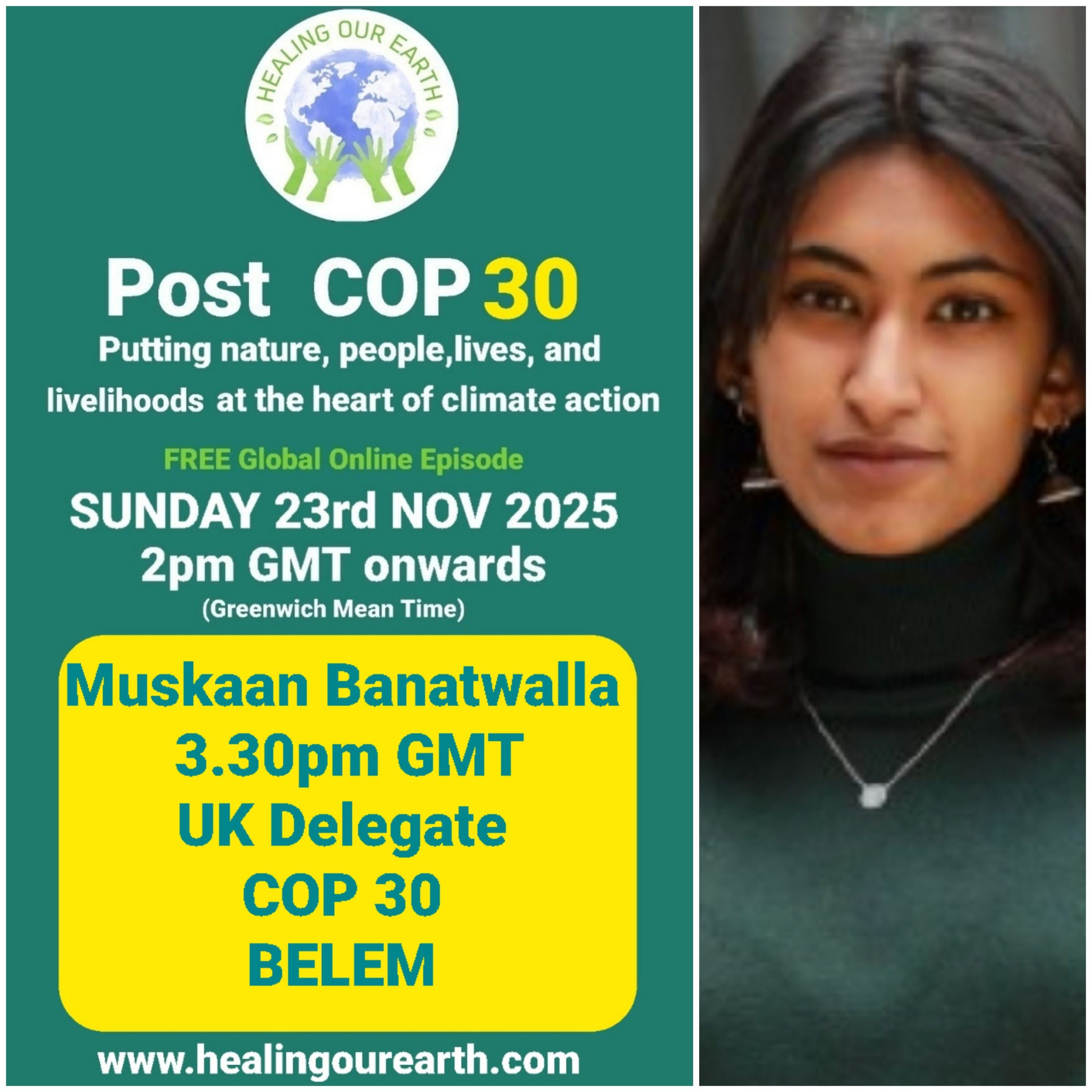 The image is a poster for a "Post COP29" online event on sustainable fashion, scheduled for Sunday, 24th November 2024, at 2pm GMT. It features a smiling woman in traditional attire next to text with event details, organized by healingourearth.com.