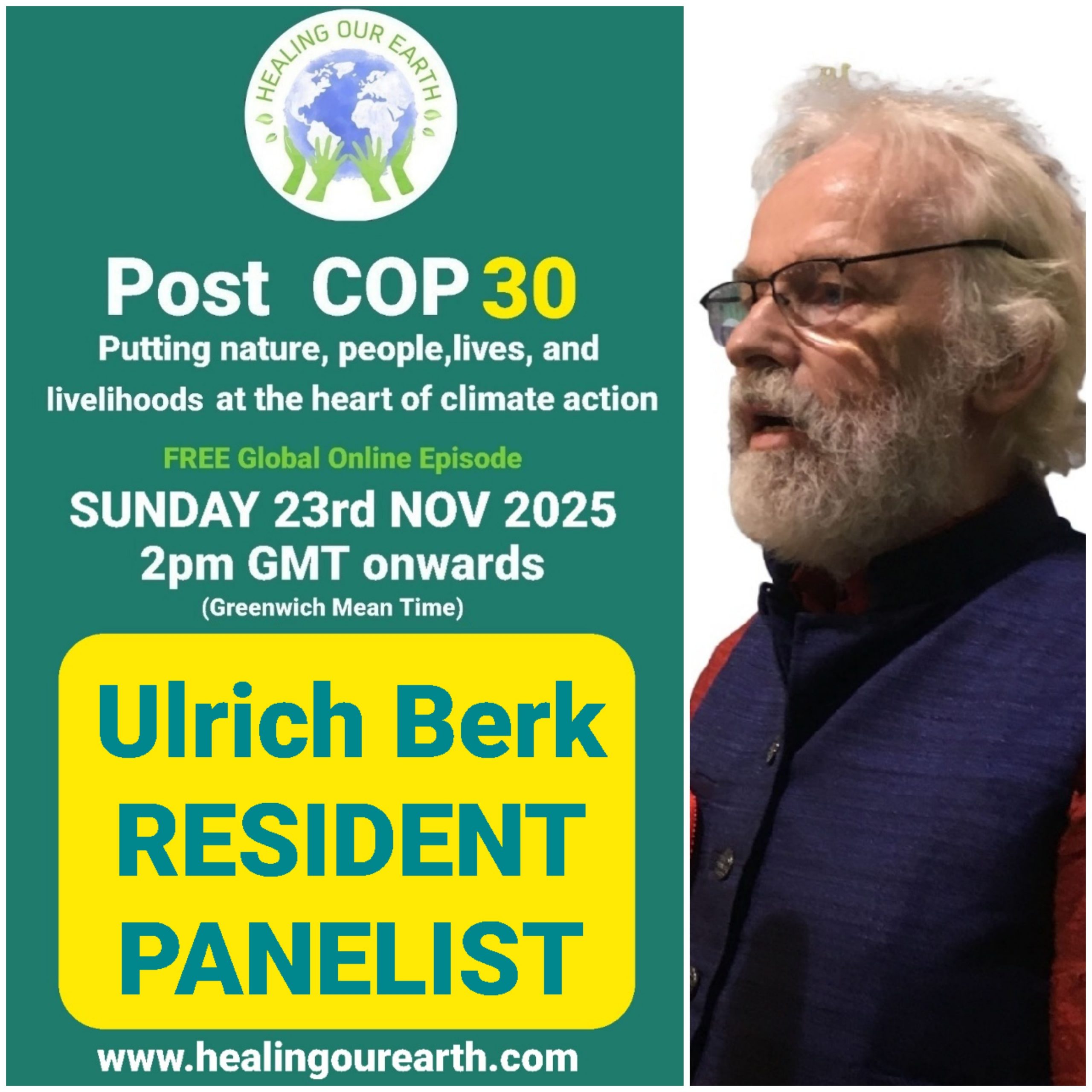 The image is a poster for a "Post COP29" online event on sustainable fashion, scheduled for Sunday, 24th November 2024, at 2pm GMT. It features a smiling woman in traditional attire next to text with event details, organized by healingourearth.com.