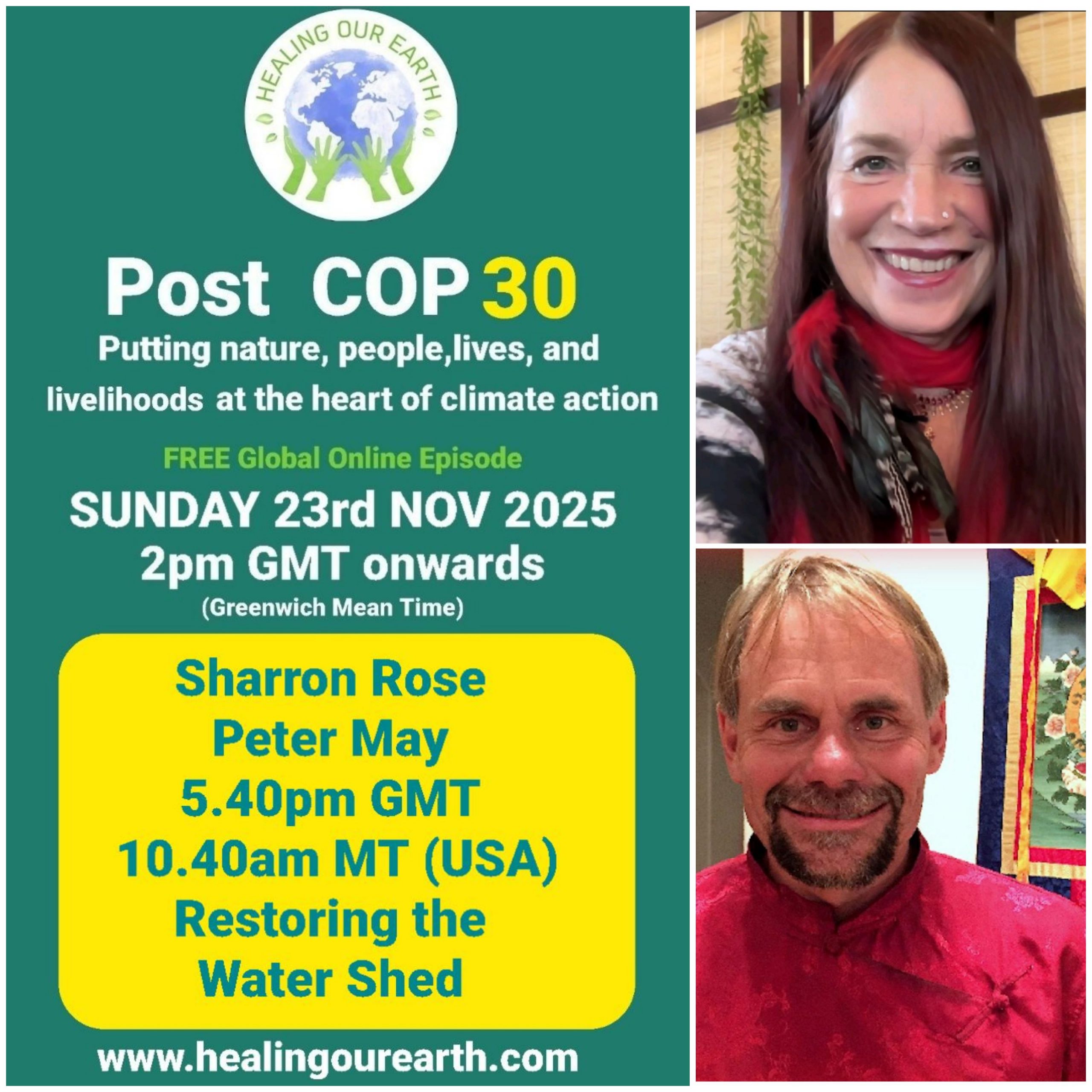 The image is a poster for a "Post COP29" online event on sustainable fashion, scheduled for Sunday, 24th November 2024, at 2pm GMT. It features a smiling woman in traditional attire next to text with event details, organized by healingourearth.com.