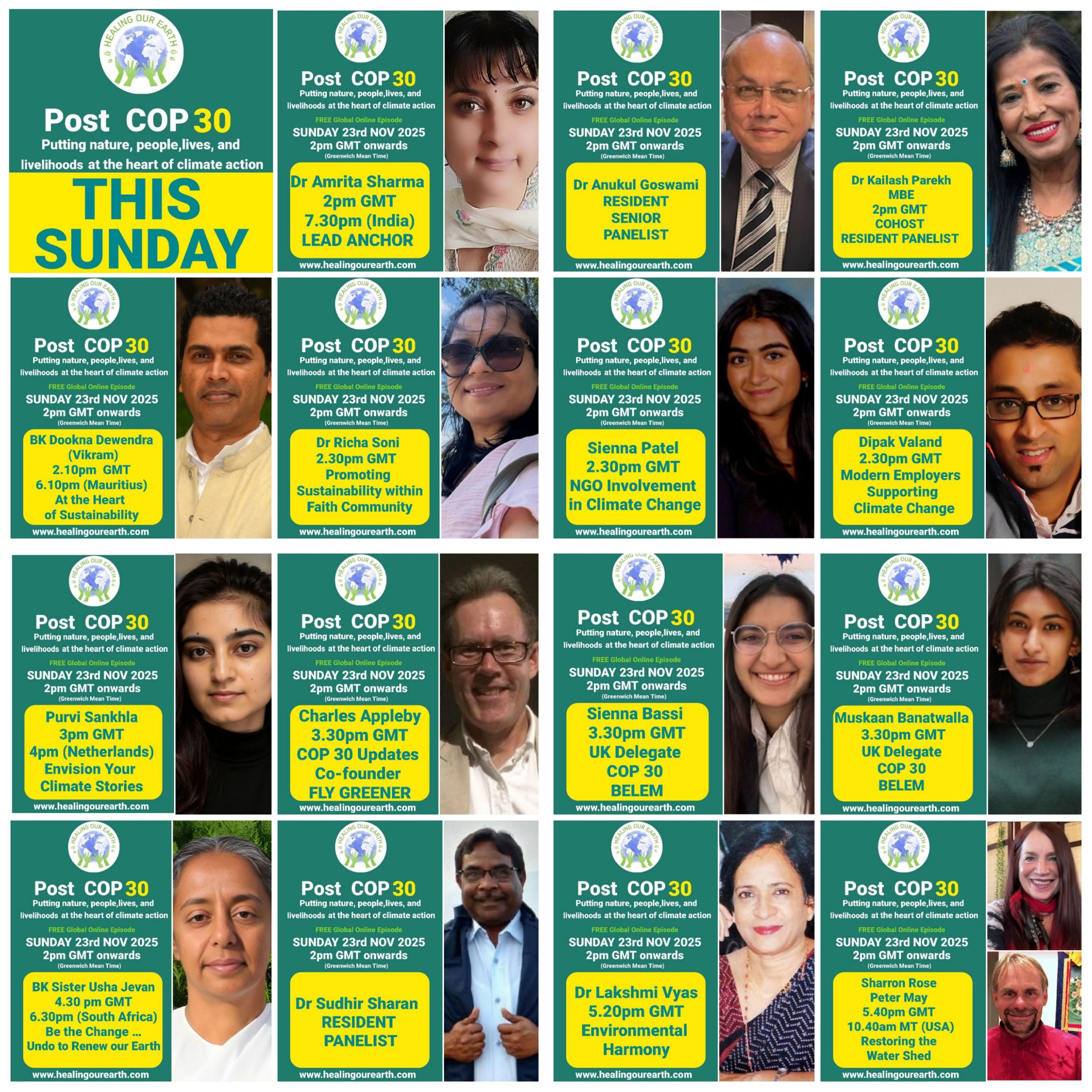 The image is a poster for a "Post COP29" online event on sustainable fashion, scheduled for Sunday, 24th November 2024, at 2pm GMT. It features a smiling woman in traditional attire next to text with event details, organized by healingourearth.com.