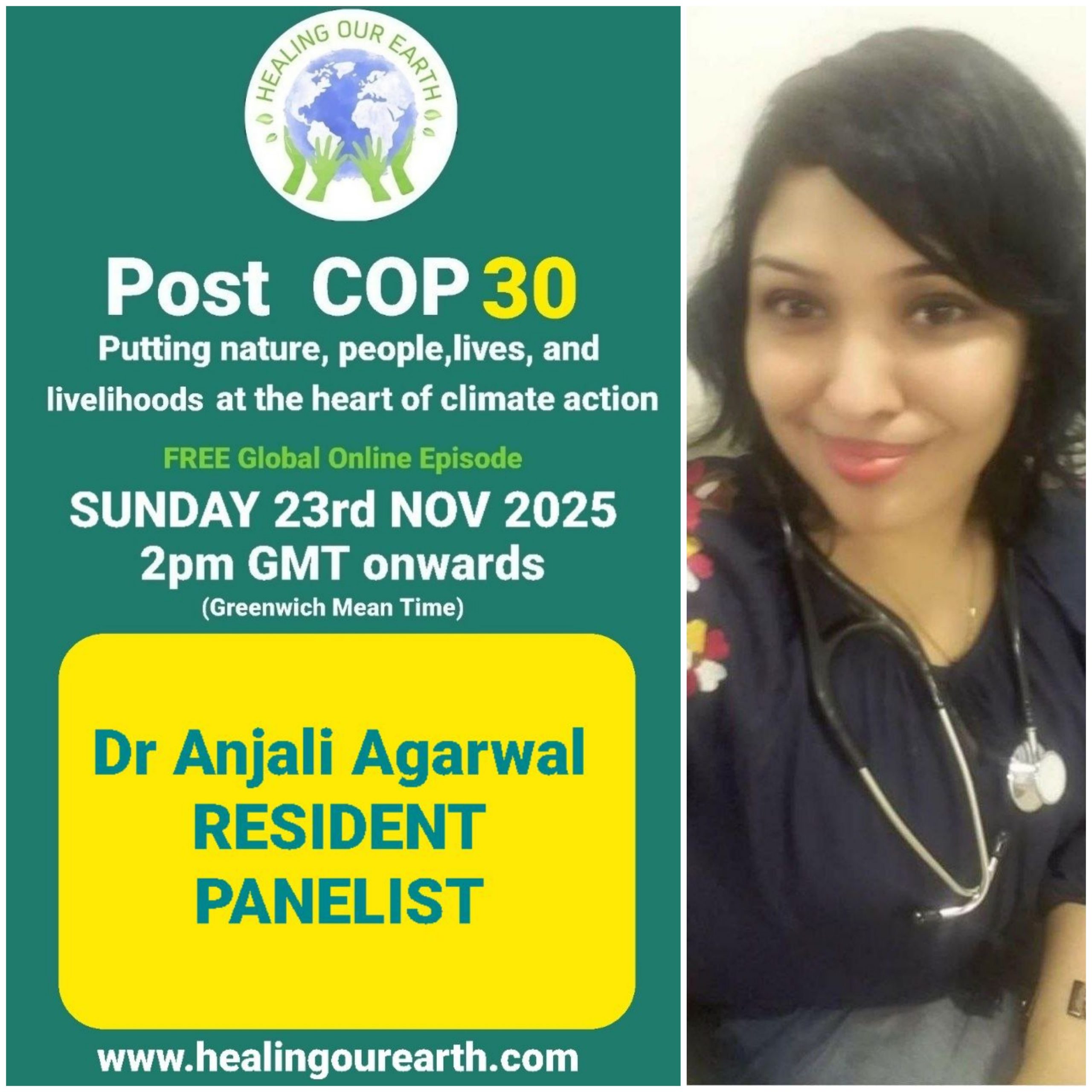 The image is a poster for a "Post COP29" online event on sustainable fashion, scheduled for Sunday, 24th November 2024, at 2pm GMT. It features a smiling woman in traditional attire next to text with event details, organized by healingourearth.com.