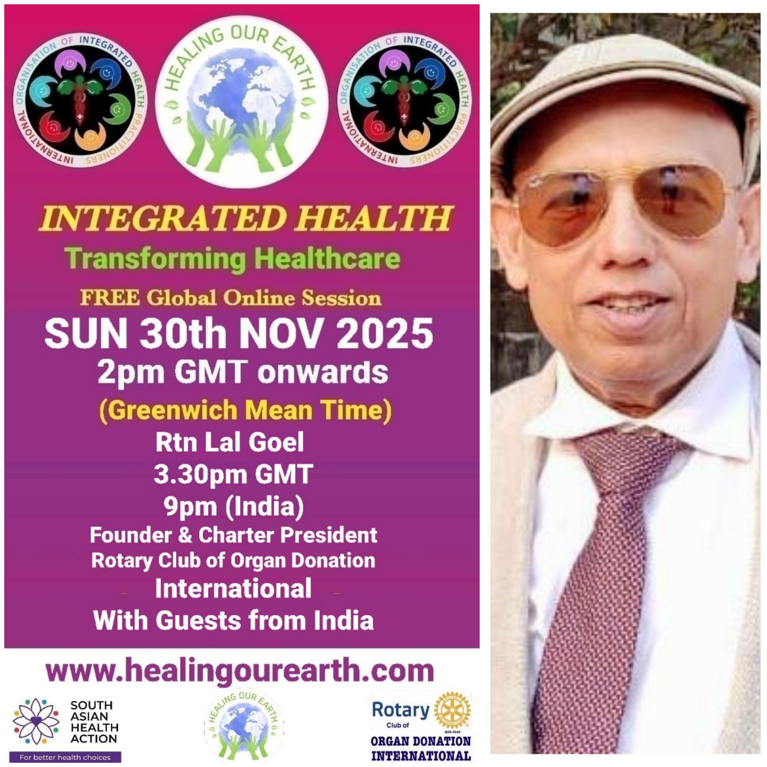 A promotional image for "Healing Our Earth" featuring logos for Organ Donation India Foundation and South Asian Health Action. The event titled "Integrated Health: Transforming Healthcare" is a free global online episode on Sunday, 17th November, starting at 2pm GMT. Website included.