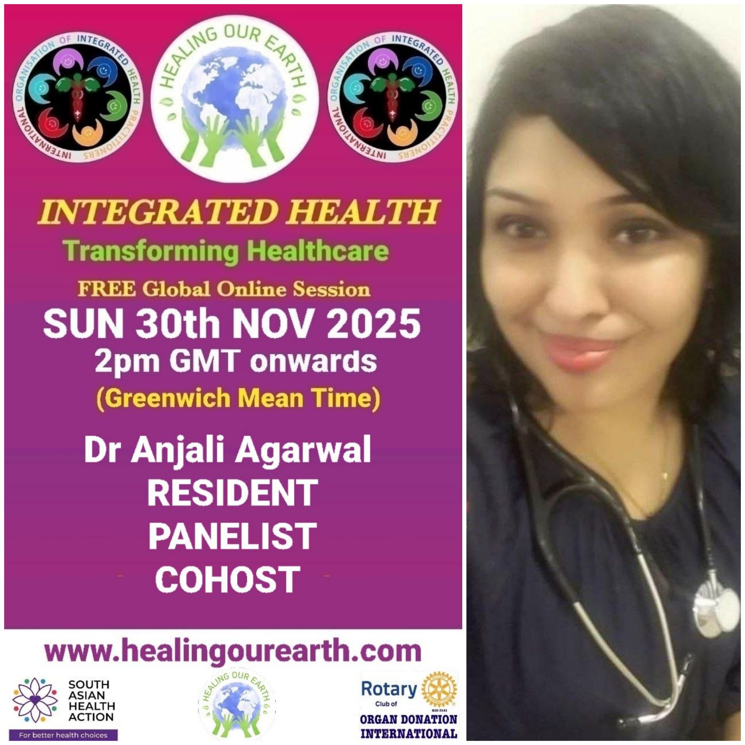 A promotional image for "Healing Our Earth" featuring logos for Organ Donation India Foundation and South Asian Health Action. The event titled "Integrated Health: Transforming Healthcare" is a free global online episode on Sunday, 17th November, starting at 2pm GMT. Website included.