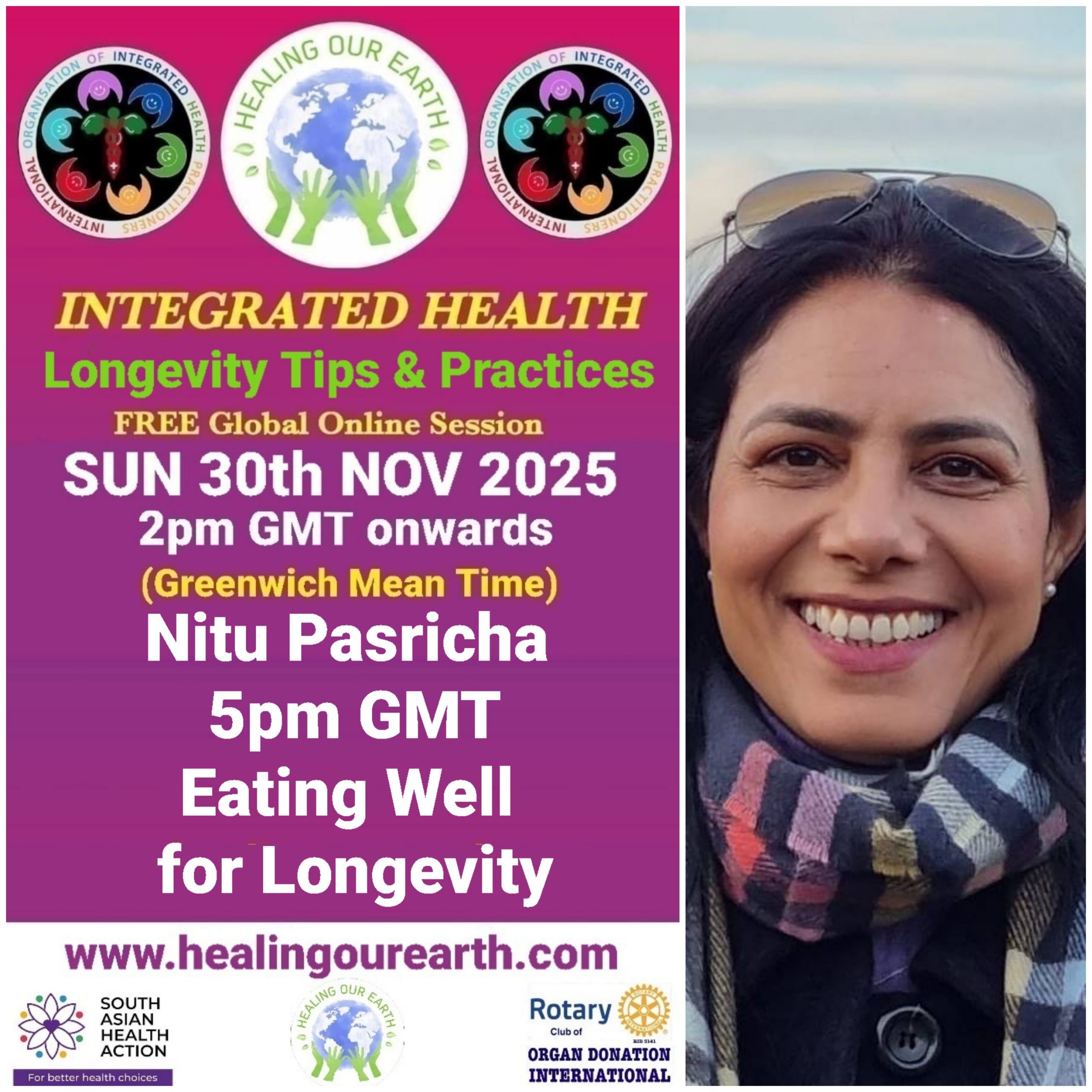 A promotional image for "Healing Our Earth" featuring logos for Organ Donation India Foundation and South Asian Health Action. The event titled "Integrated Health: Transforming Healthcare" is a free global online episode on Sunday, 17th November, starting at 2pm GMT. Website included.