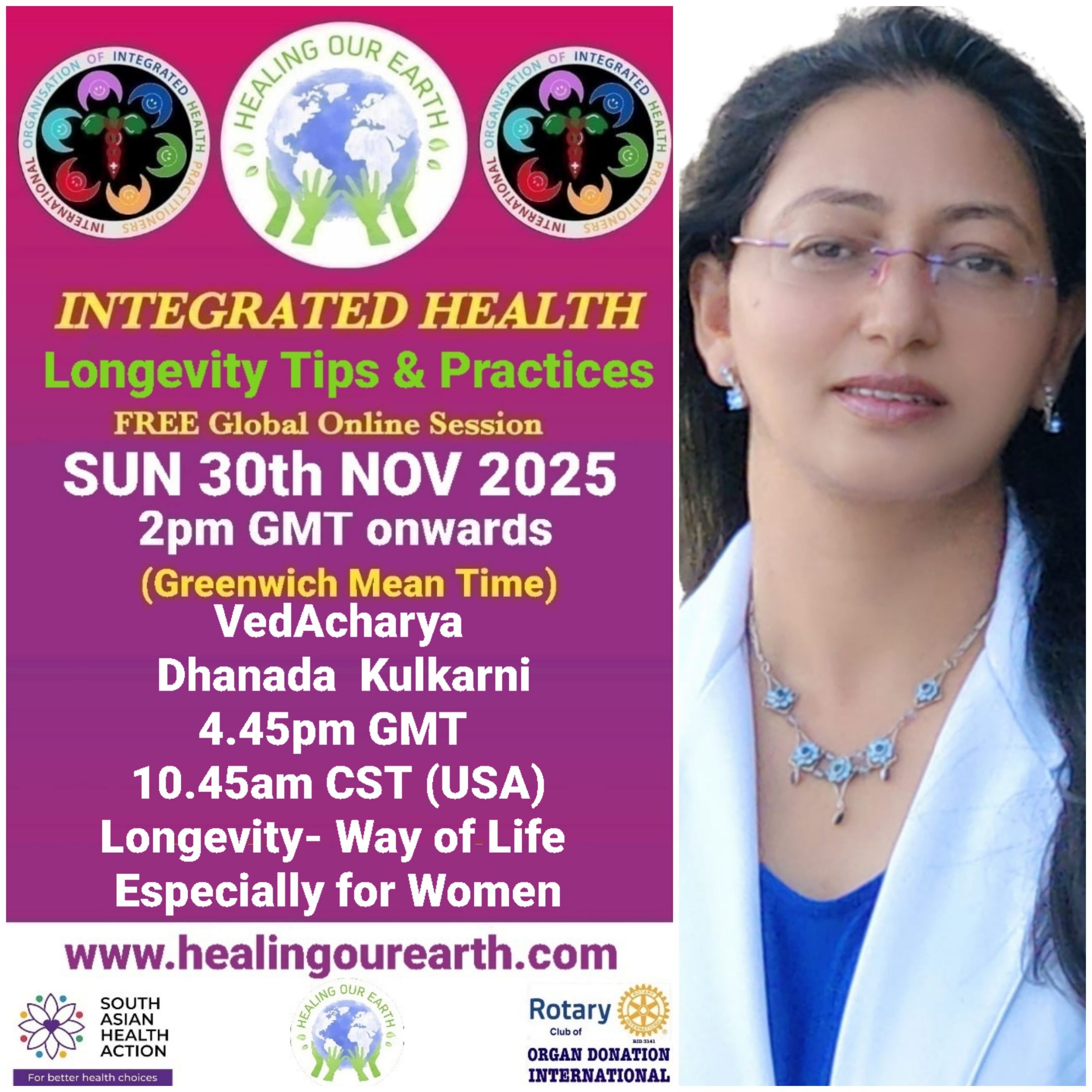 A promotional image for "Healing Our Earth" featuring logos for Organ Donation India Foundation and South Asian Health Action. The event titled "Integrated Health: Transforming Healthcare" is a free global online episode on Sunday, 17th November, starting at 2pm GMT. Website included.