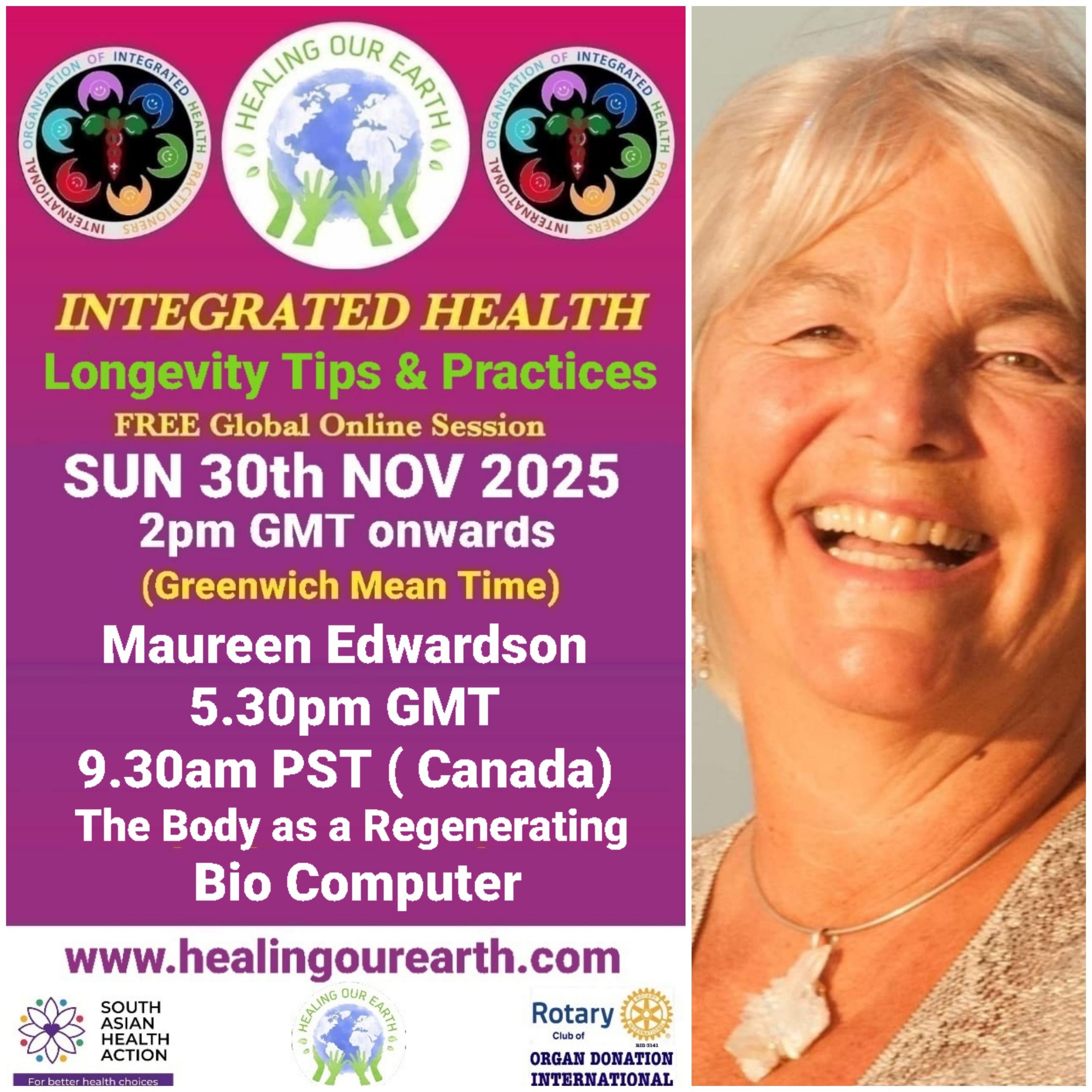 A promotional image for "Healing Our Earth" featuring logos for Organ Donation India Foundation and South Asian Health Action. The event titled "Integrated Health: Transforming Healthcare" is a free global online episode on Sunday, 17th November, starting at 2pm GMT. Website included.