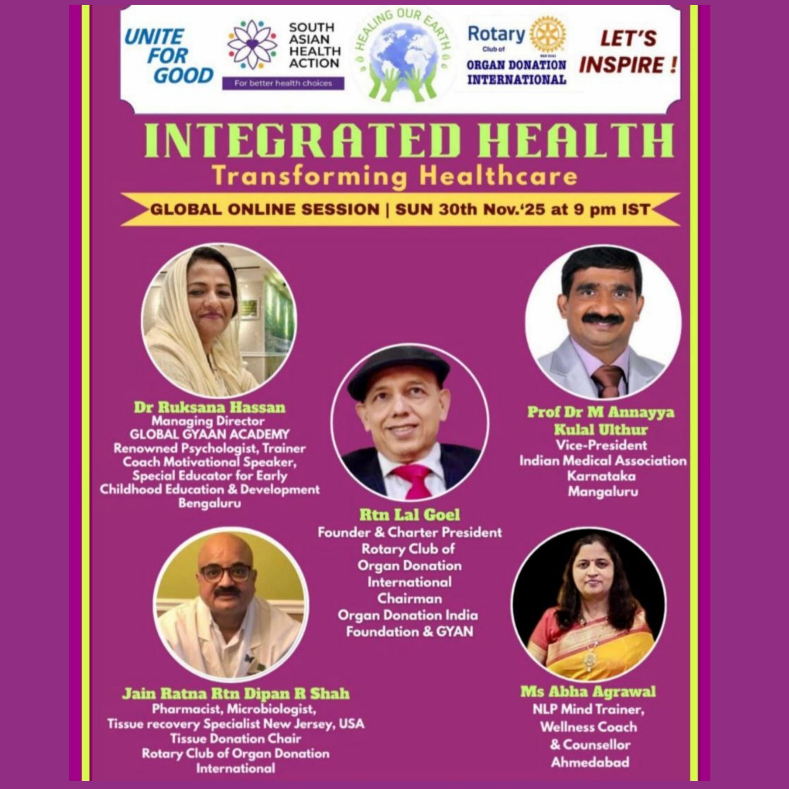 A promotional image for "Healing Our Earth" featuring logos for Organ Donation India Foundation and South Asian Health Action. The event titled "Integrated Health: Transforming Healthcare" is a free global online episode on Sunday, 17th November, starting at 2pm GMT. Website included.