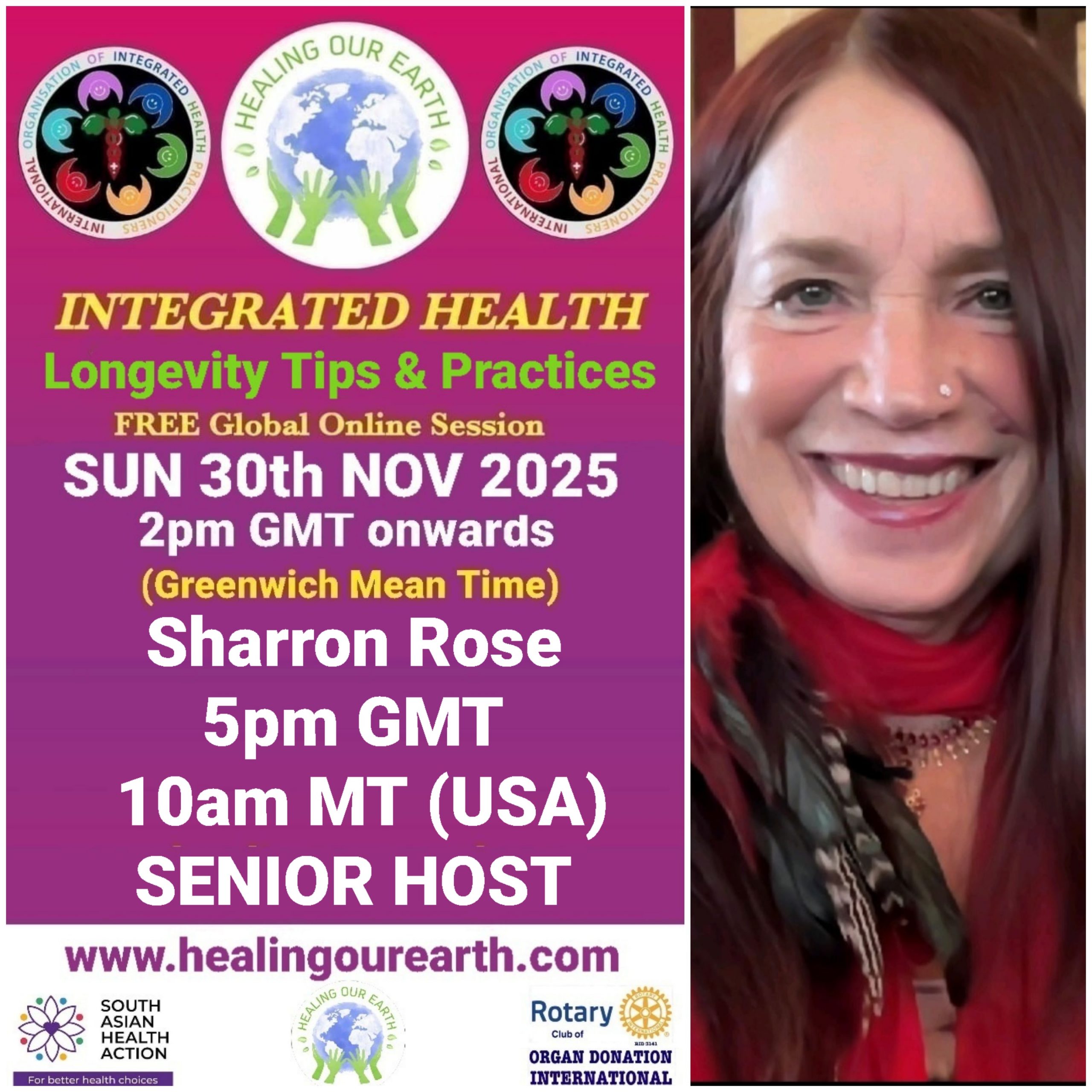 A promotional image for "Healing Our Earth" featuring logos for Organ Donation India Foundation and South Asian Health Action. The event titled "Integrated Health: Transforming Healthcare" is a free global online episode on Sunday, 17th November, starting at 2pm GMT. Website included.