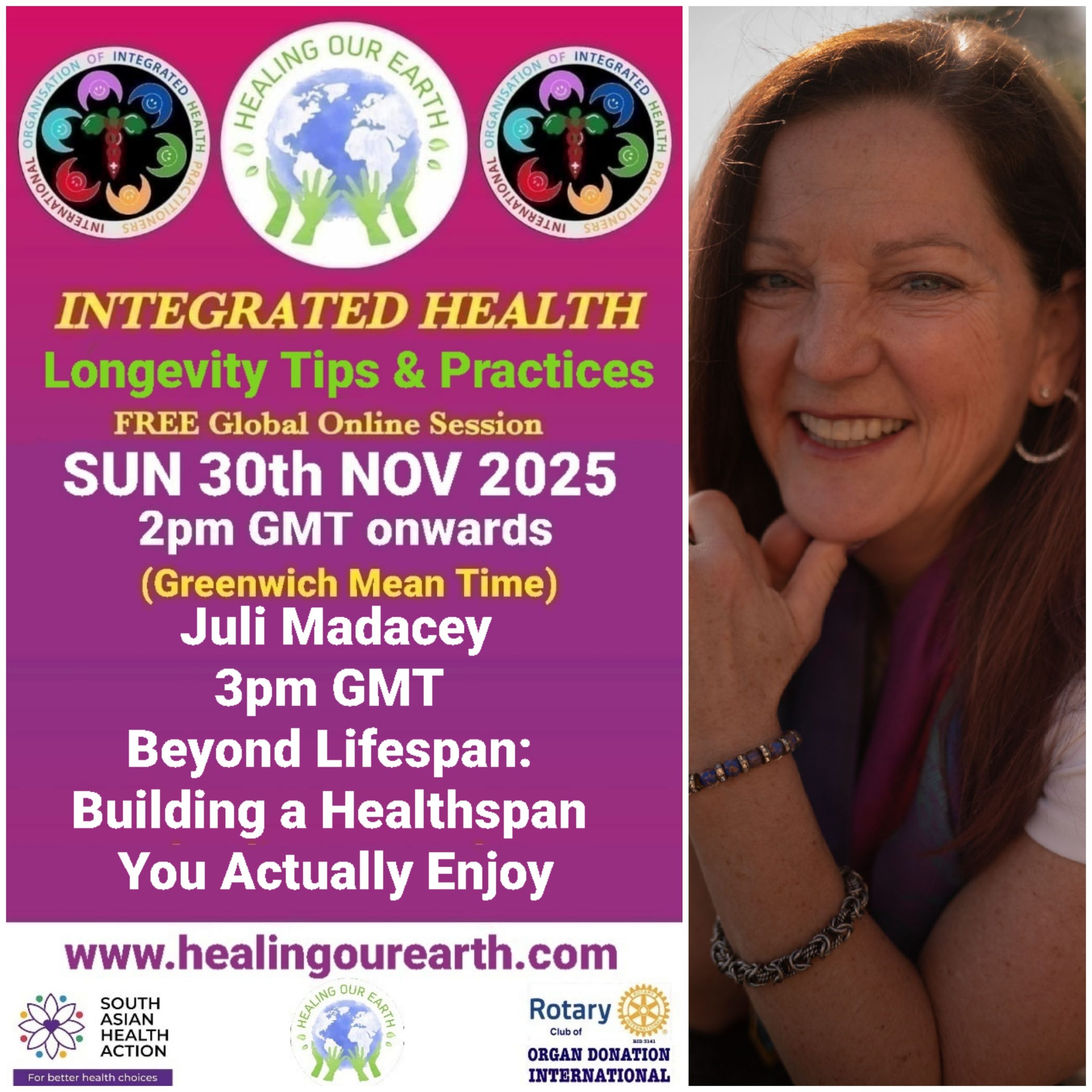 A promotional image for "Healing Our Earth" featuring logos for Organ Donation India Foundation and South Asian Health Action. The event titled "Integrated Health: Transforming Healthcare" is a free global online episode on Sunday, 17th November, starting at 2pm GMT. Website included.