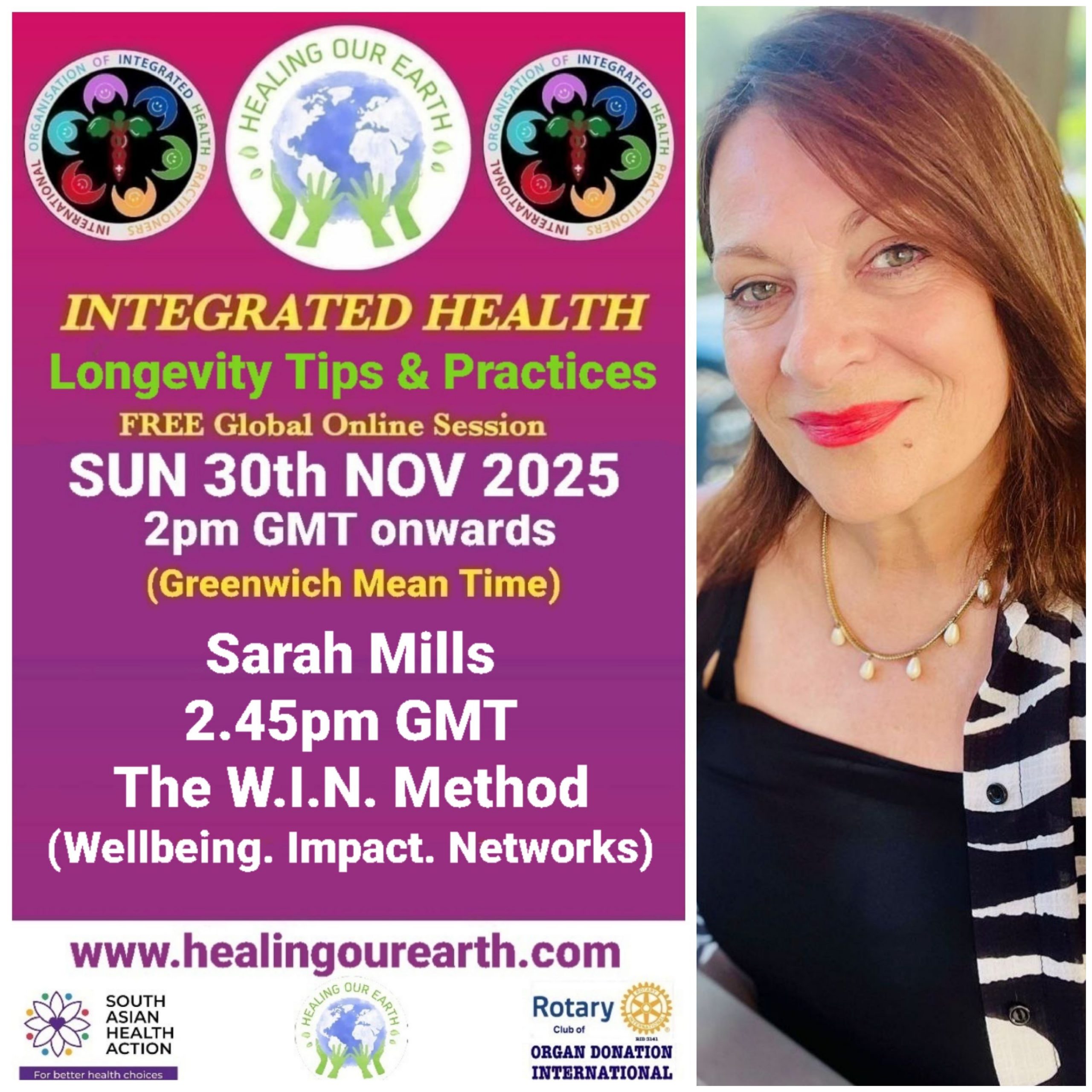 A promotional image for "Healing Our Earth" featuring logos for Organ Donation India Foundation and South Asian Health Action. The event titled "Integrated Health: Transforming Healthcare" is a free global online episode on Sunday, 17th November, starting at 2pm GMT. Website included.