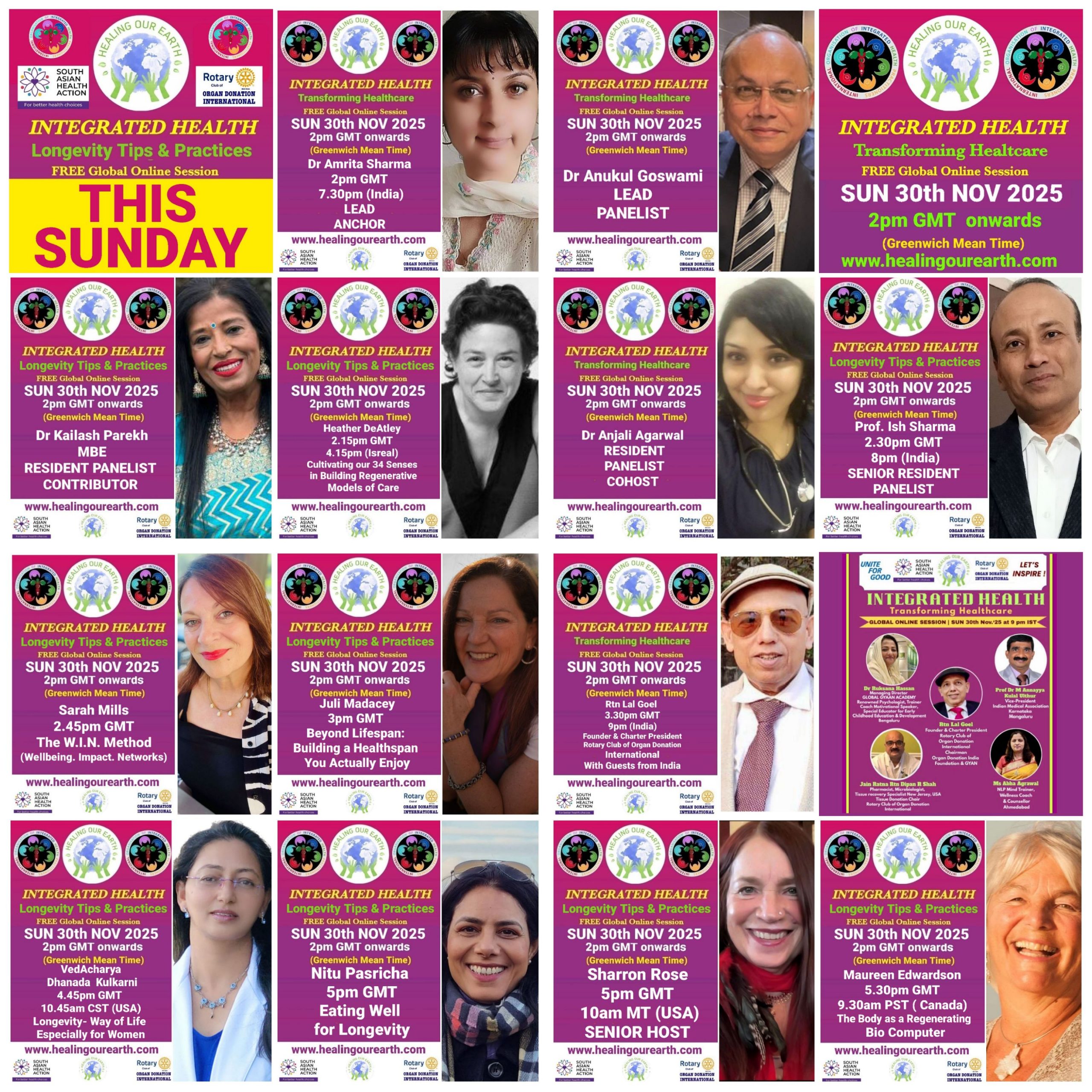 A promotional image for "Healing Our Earth" featuring logos for Organ Donation India Foundation and South Asian Health Action. The event titled "Integrated Health: Transforming Healthcare" is a free global online episode on Sunday, 17th November, starting at 2pm GMT. Website included.