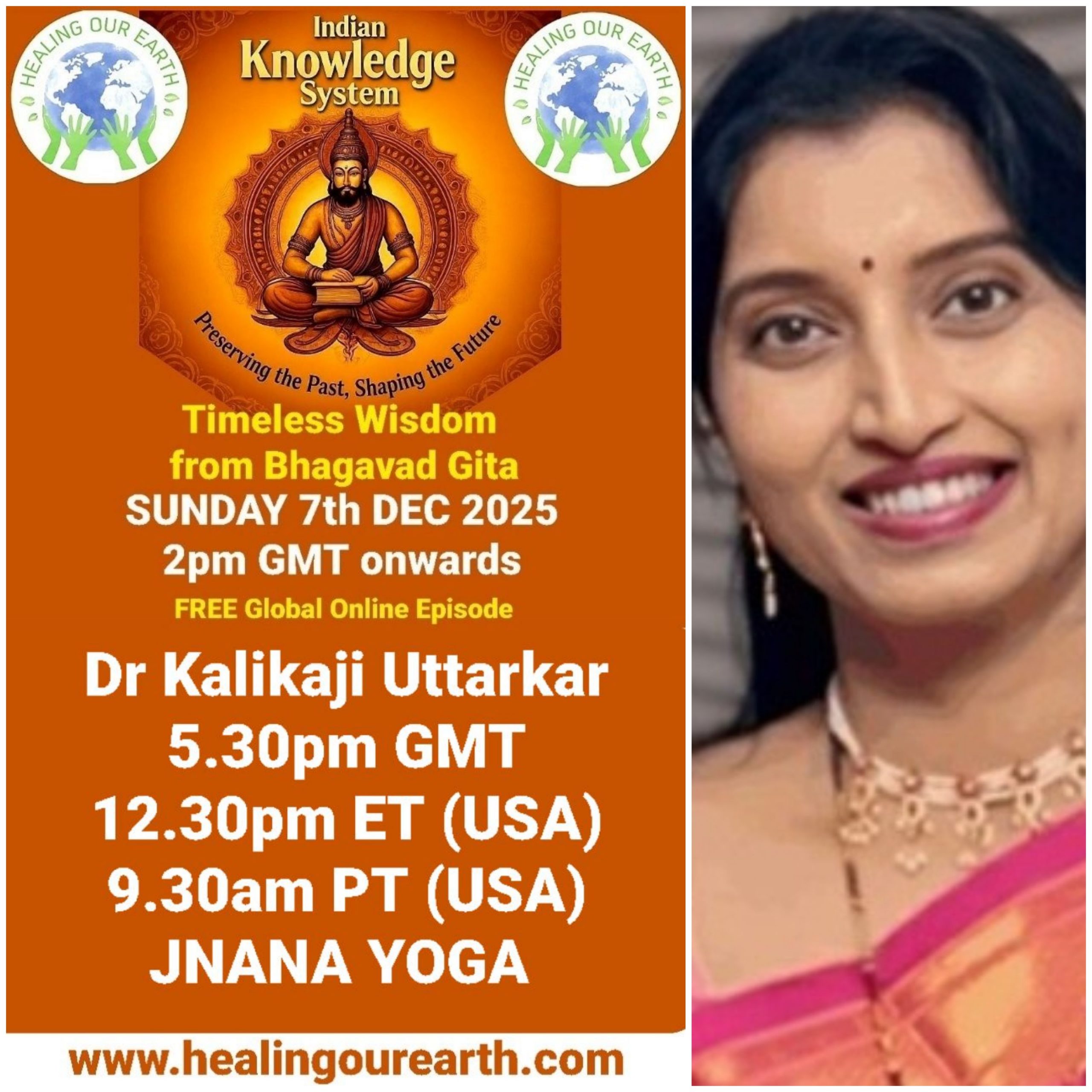 The image is a poster for a "Post COP29" online event on sustainable fashion, scheduled for Sunday, 24th November 2024, at 2pm GMT. It features a smiling woman in traditional attire next to text with event details, organized by healingourearth.com.