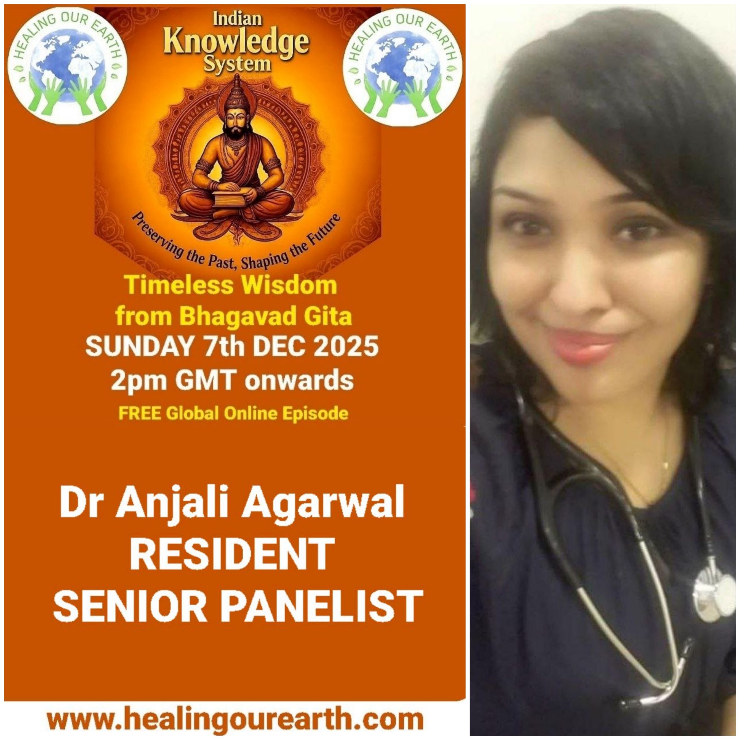 The image is a poster for a "Post COP29" online event on sustainable fashion, scheduled for Sunday, 24th November 2024, at 2pm GMT. It features a smiling woman in traditional attire next to text with event details, organized by healingourearth.com.